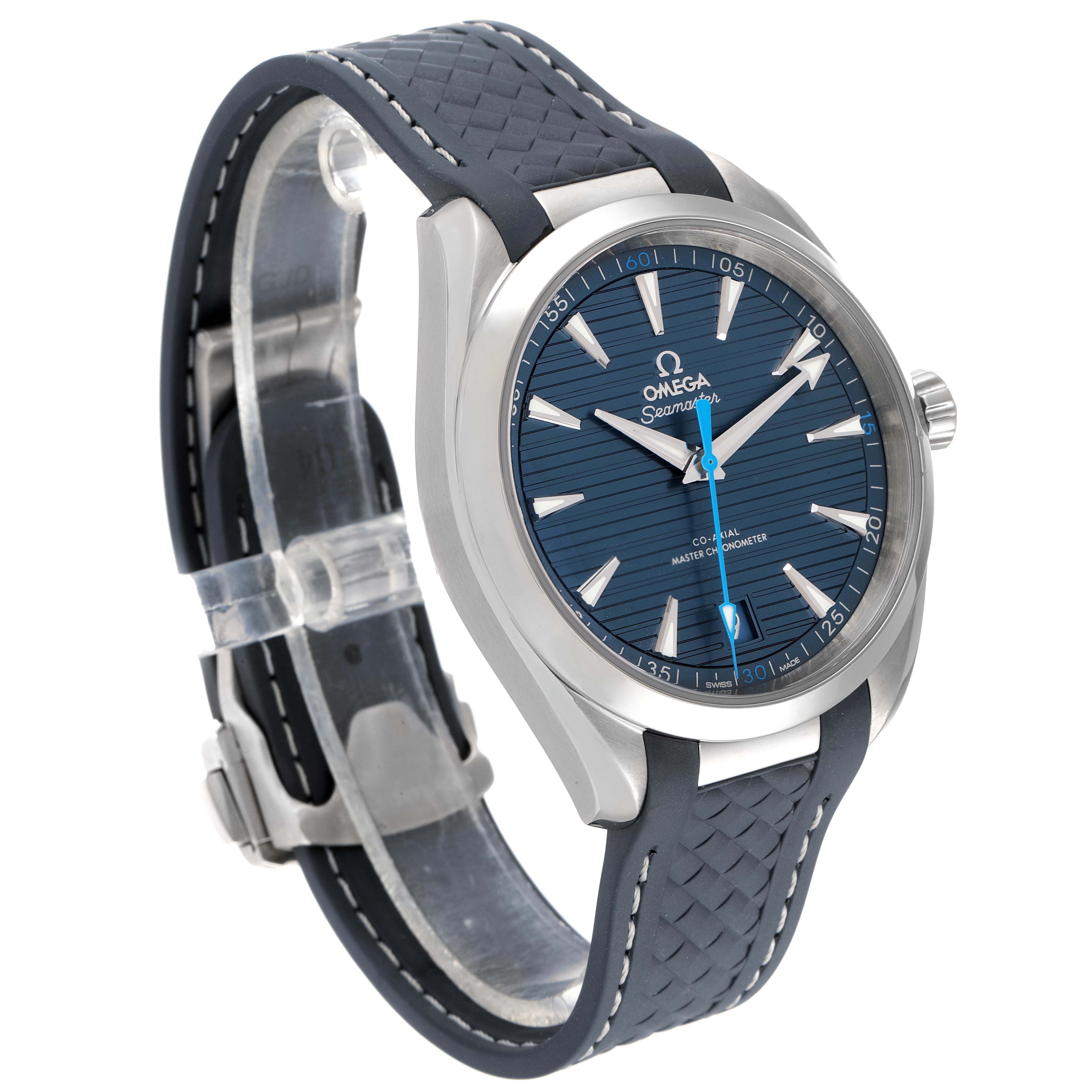 The Omega Aqua Terra 220.12.41.21.03.002 Men
s Stainless Steel Blue Dial 220.12.41.21.03.002 Men
s Stainless Steel Blue Dial watch is shown at a three-quarter angle, highlighting its face, bezel, and strap.