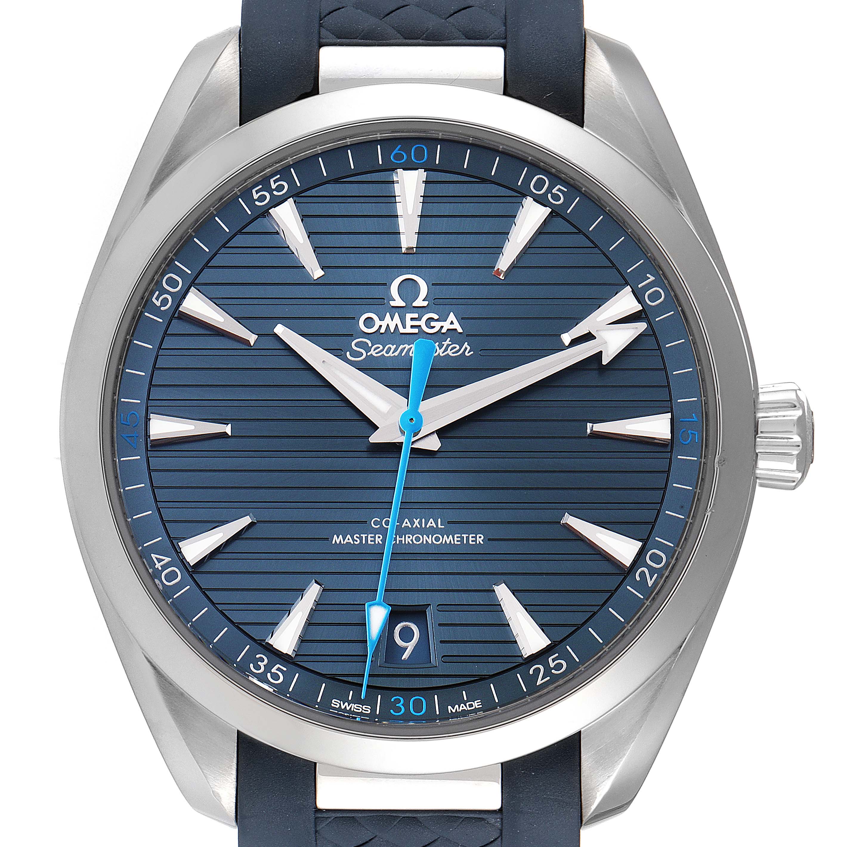 The image shows a front view of the Omega Aqua Terra 220.12.41.21.03.002 Men
s Stainless Steel Blue Dial 220.12.41.21.03.002 Men
s Stainless Steel Blue Dial model, highlighting its blue face, date window, and silver hour markers.