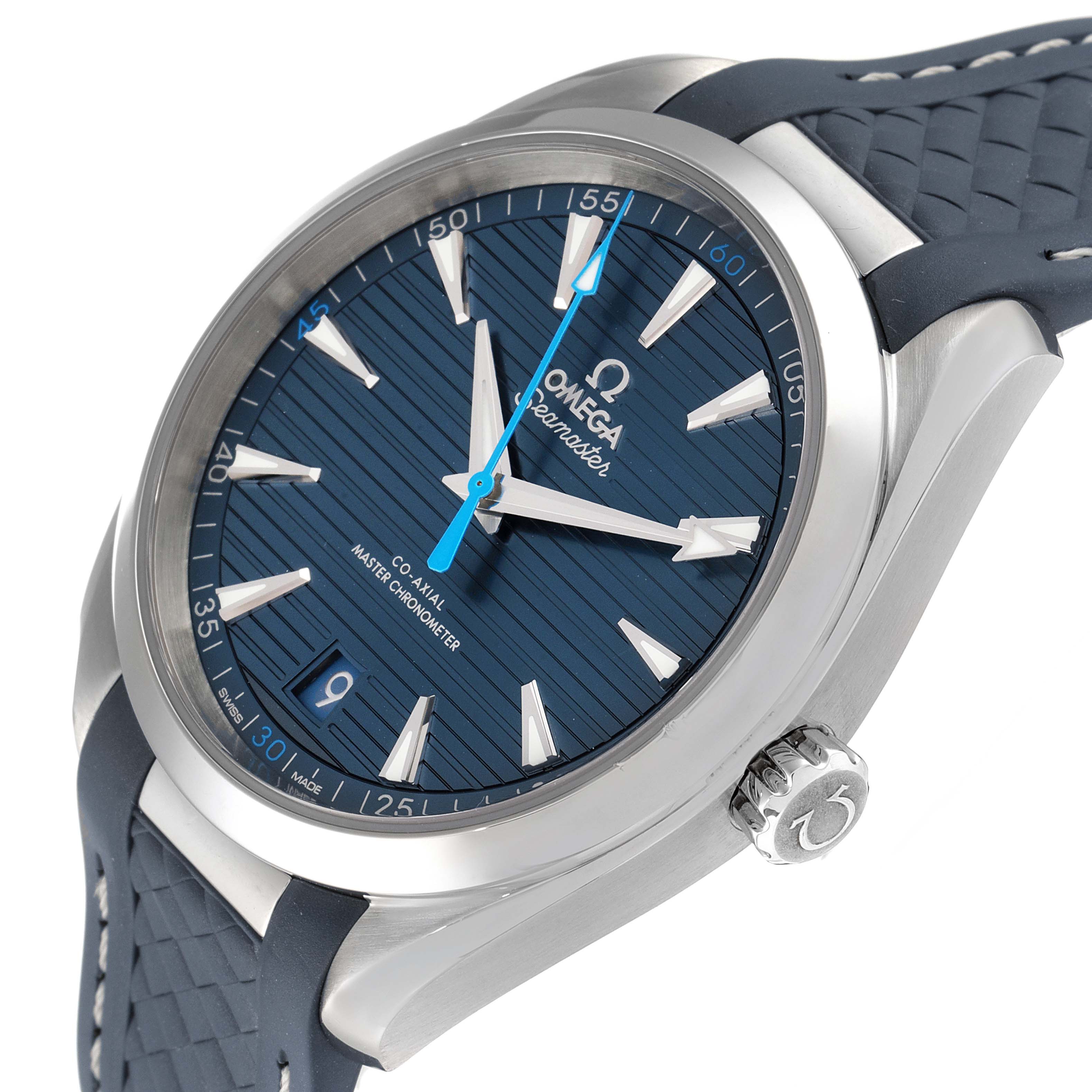 The Omega Aqua Terra 220.12.41.21.03.002 Men
s Stainless Steel Blue Dial 220.12.41.21.03.002 Men
s Stainless Steel Blue Dial watch is shown at an angled view displaying the dial, bezel, crown, and strap.