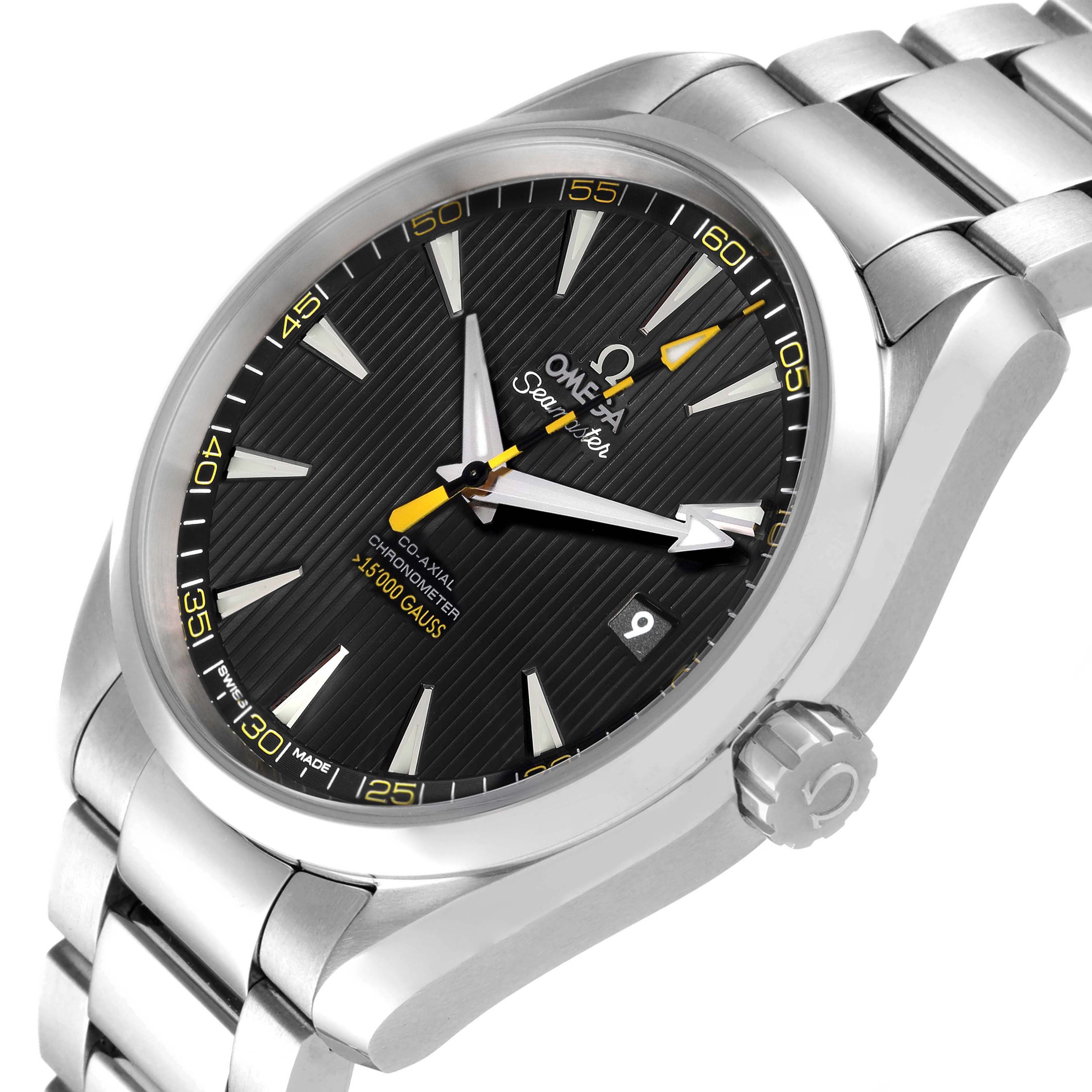 The image shows an Omega Aqua Terra 231.10.42.21.01.002 Men's Stainless Steel Black Dial 231.10.42.21.01.002 Men's Stainless Steel Black Dial watch, angled to display the face, hands, crown, and metal bracelet.