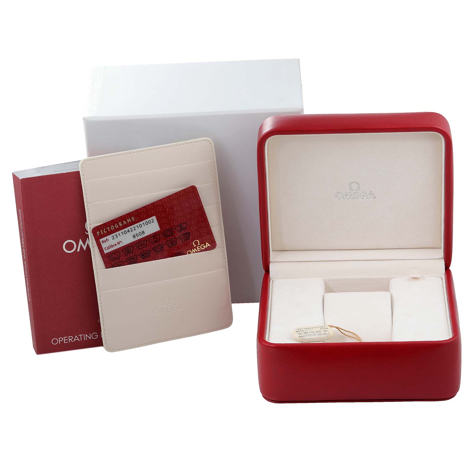 The image shows the packaging, operating manual, warranty cards, and a box for the Omega Aqua Terra 231.10.42.21.01.002 Men's Stainless Steel Black Dial 231.10.42.21.01.002 Men's Stainless Steel Black Dial watch.