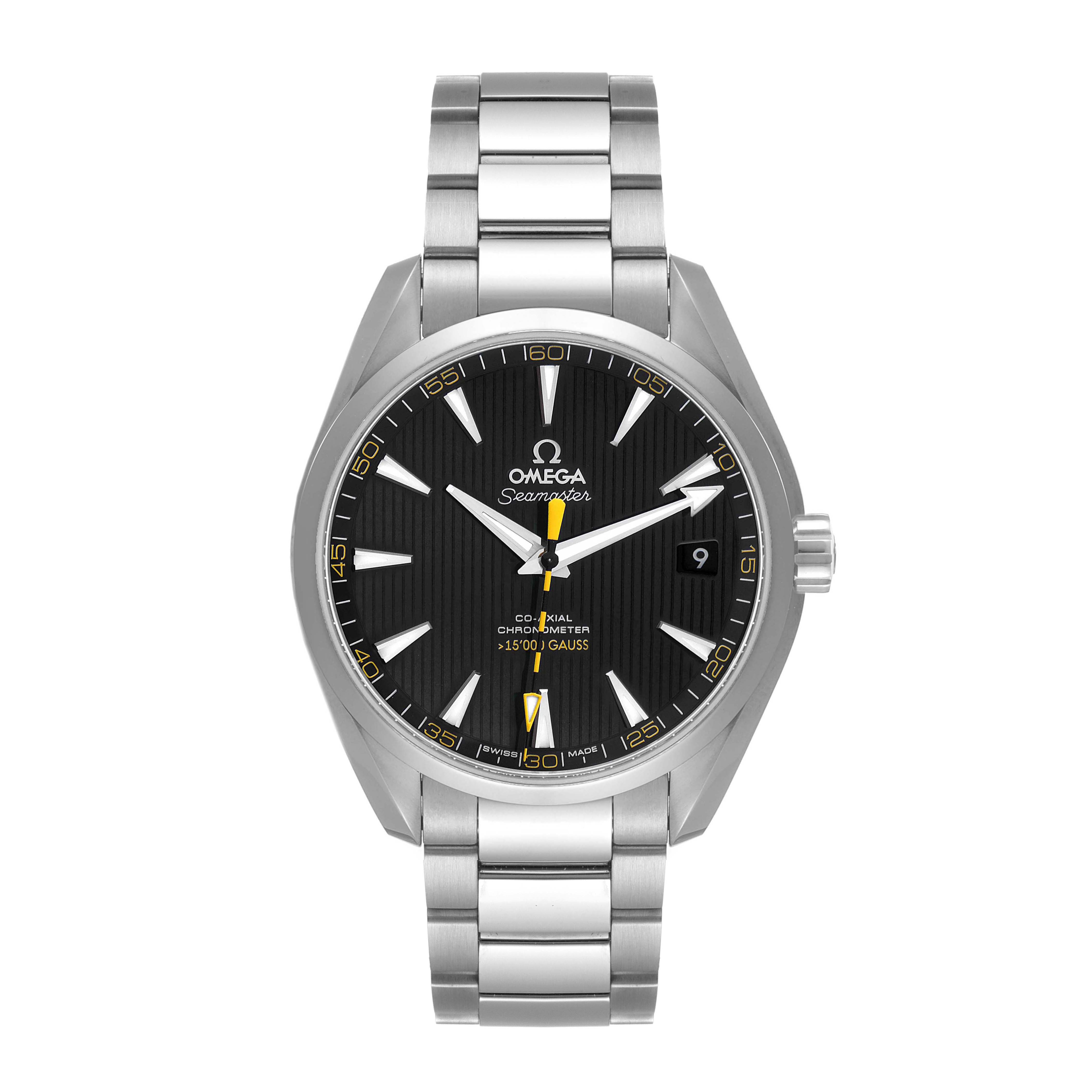 The image shows a front view of the Omega Aqua Terra 231.10.42.21.01.002 Men's Stainless Steel Black Dial 231.10.42.21.01.002 Men's Stainless Steel Black Dial watch, featuring its dial, hands, crown, and stainless steel bracelet.