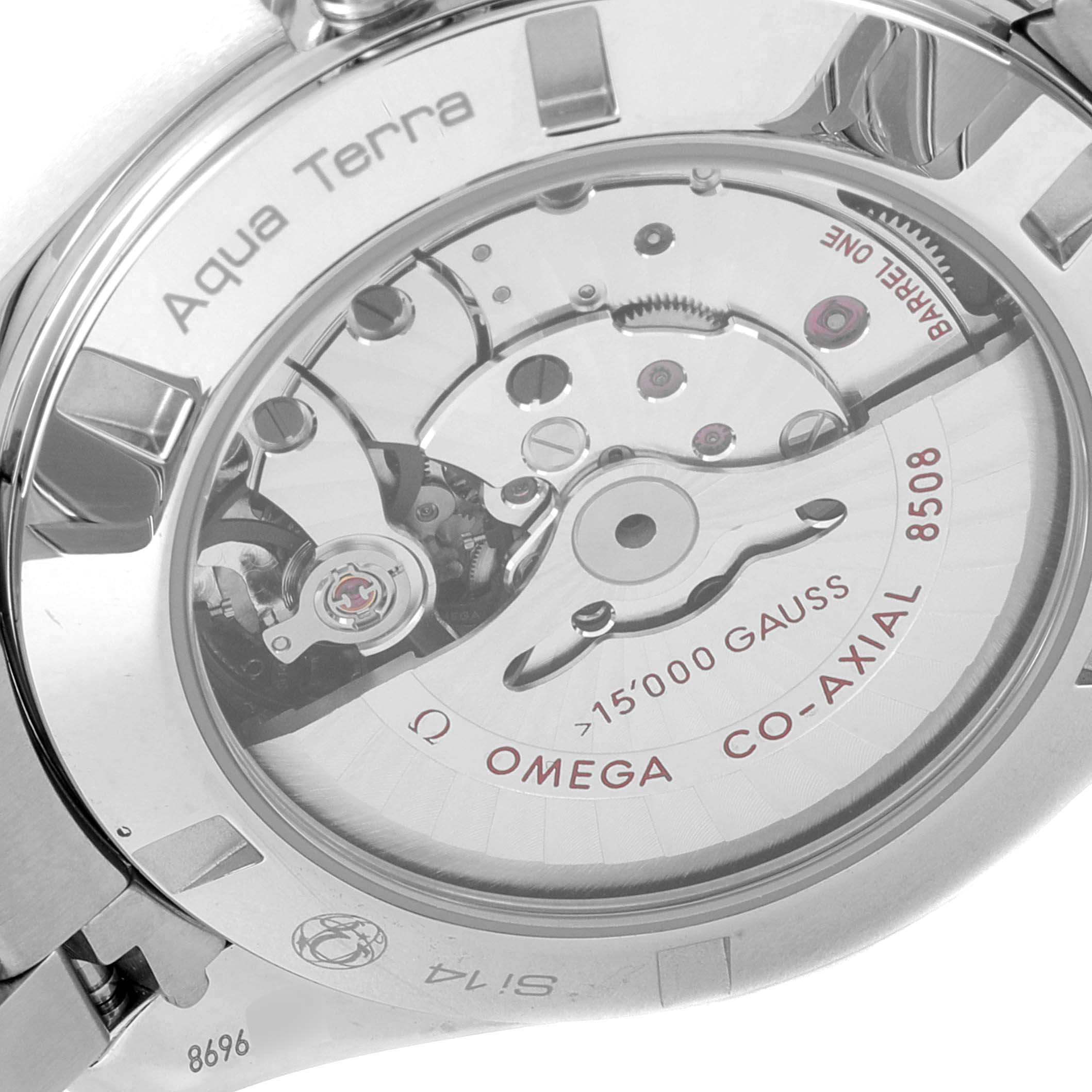 The image shows the back view of the Omega Aqua Terra 231.10.42.21.01.002 Men's Stainless Steel Black Dial 231.10.42.21.01.002 Men's Stainless Steel Black Dial watch, highlighting its internal mechanism.