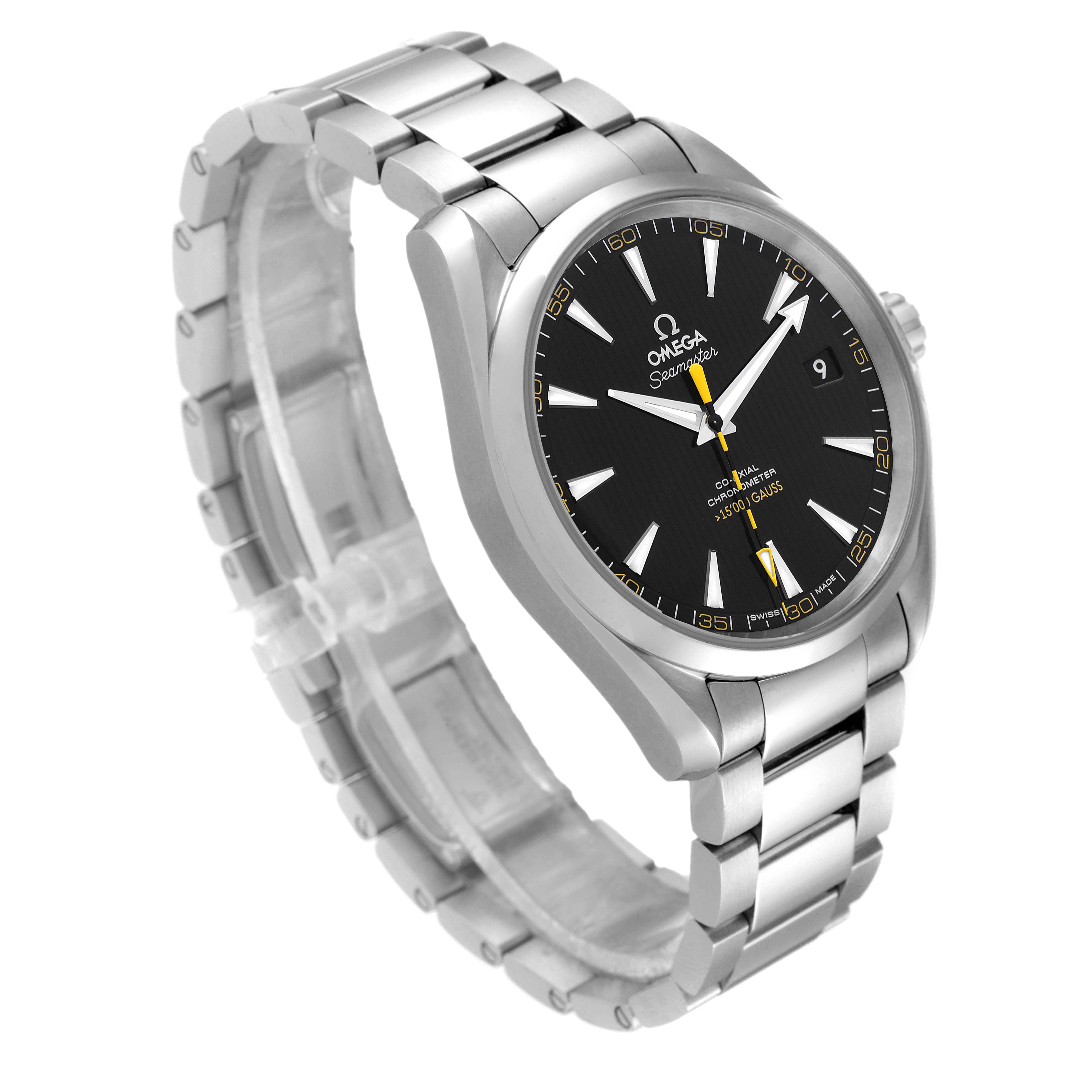 The image shows a 3/4 angle view of the Omega Aqua Terra 231.10.42.21.01.002 Men's Stainless Steel Black Dial 231.10.42.21.01.002 Men's Stainless Steel Black Dial watch, highlighting its dial, case, and bracelet.