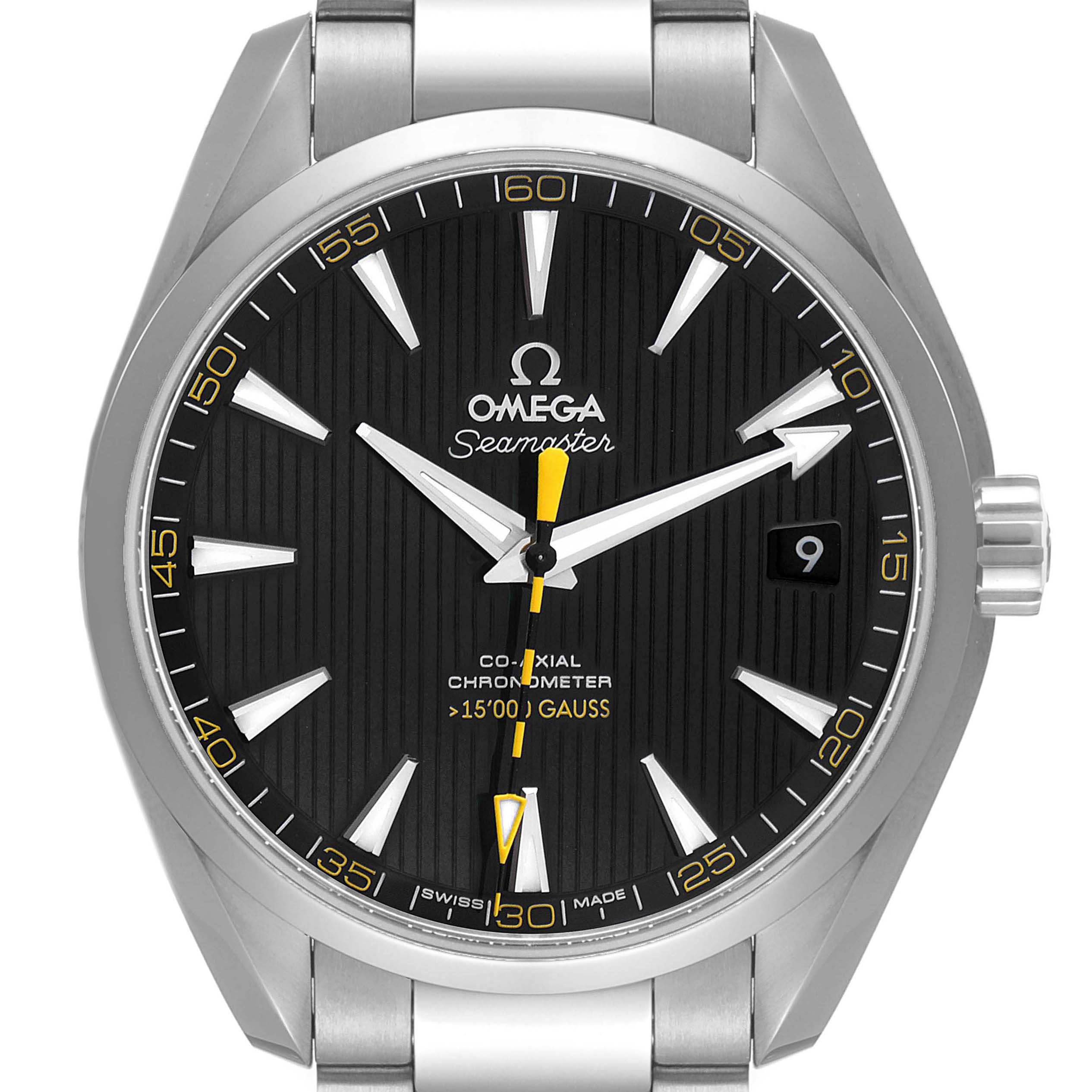 The image shows a front view of the Omega Aqua Terra 231.10.42.21.01.002 Men's Stainless Steel Black Dial 231.10.42.21.01.002 Men's Stainless Steel Black Dial watch, highlighting its black dial and stainless steel bracelet.