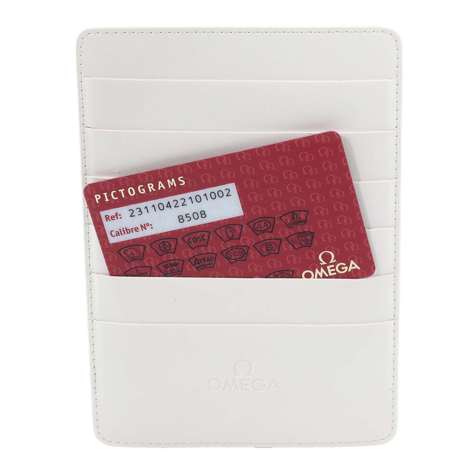 The image shows an Omega Aqua Terra 231.10.42.21.01.002 Men's Stainless Steel Black Dial 231.10.42.21.01.002 Men's Stainless Steel Black Dial wallet with a red pictograms card partially inserted.