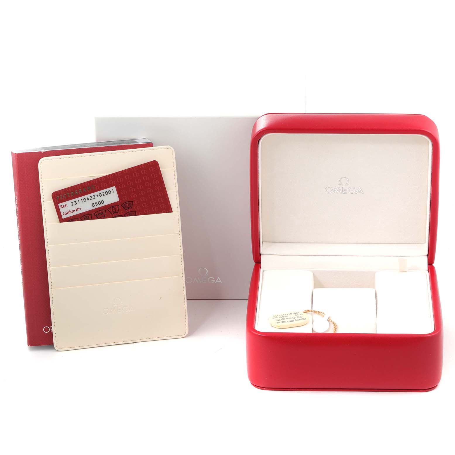 The image shows the packaging and accessories for the Omega Aqua Terra 231.10.42.21.02.001 Men
s Stainless Steel Silver Dial 231.10.42.21.02.001 Men
s Stainless Steel Silver Dial watch, including a red and white watch box, booklet, and warranty card.