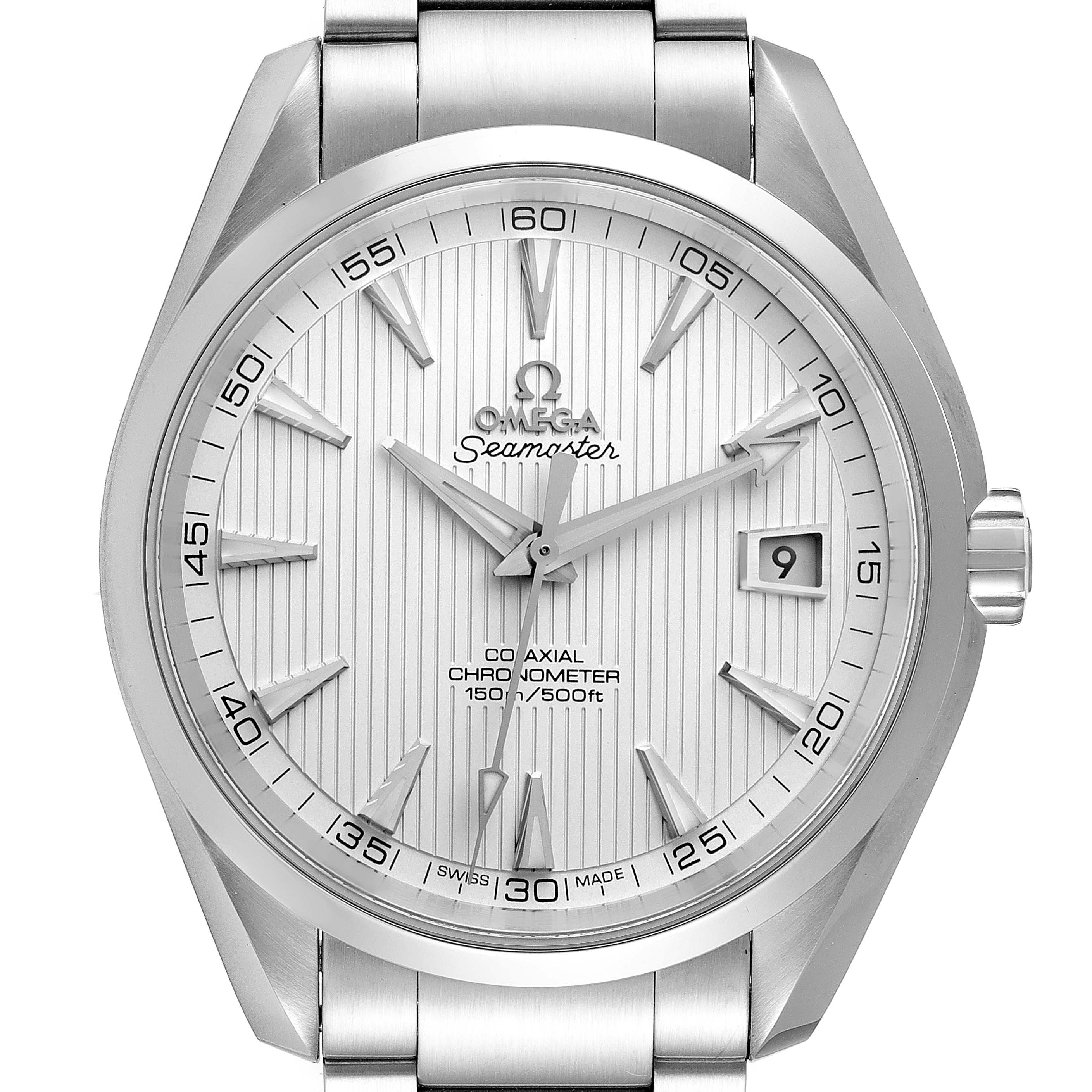 The image shows a front view of the Omega Aqua Terra 231.10.42.21.02.001 Men
s Stainless Steel Silver Dial 231.10.42.21.02.001 Men
s Stainless Steel Silver Dial Seamaster watch, displaying the dial, hands, date window, and bracelet.