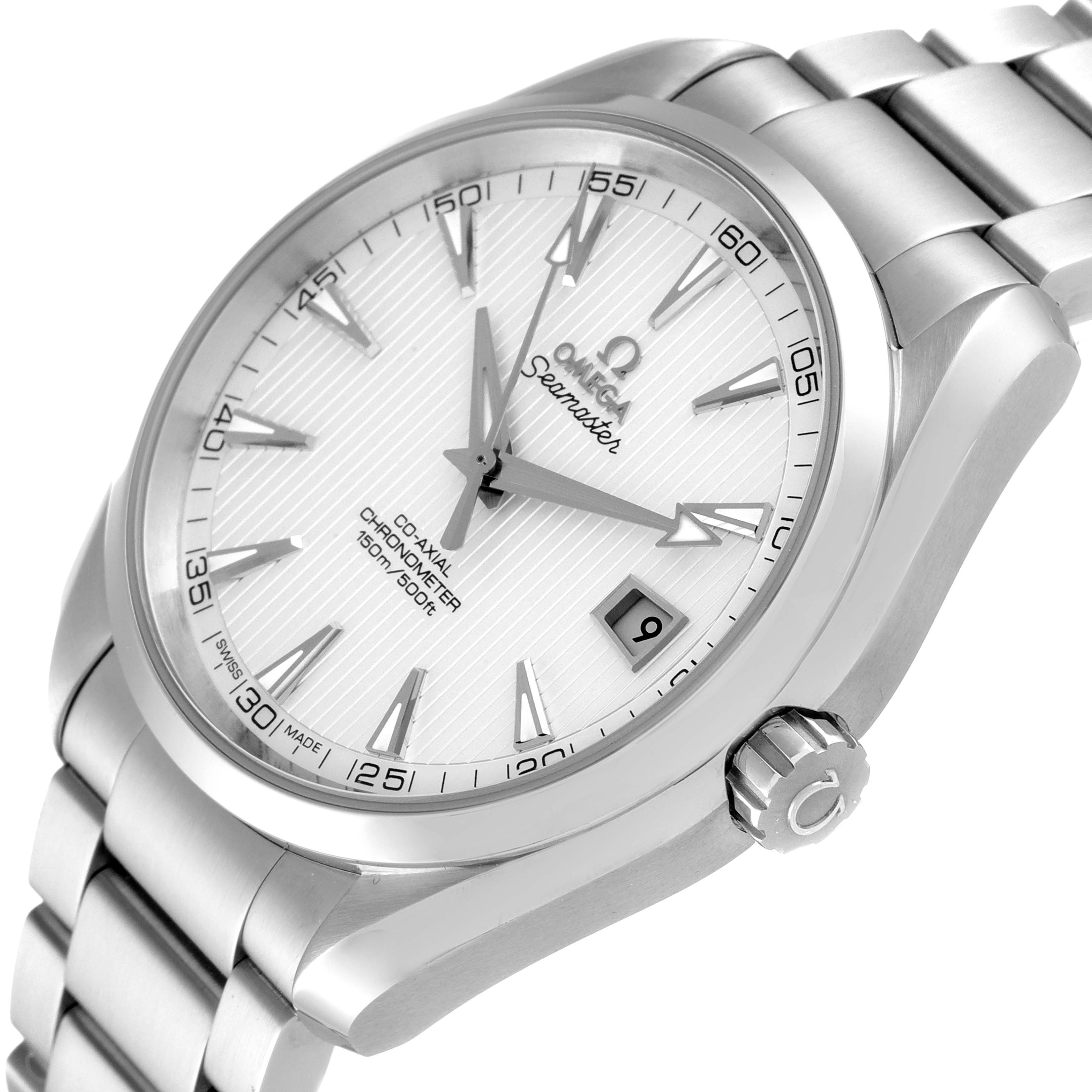 The image shows an angled view of an Omega Aqua Terra 231.10.42.21.02.001 Men
s Stainless Steel Silver Dial 231.10.42.21.02.001 Men
s Stainless Steel Silver Dial watch, highlighting the dial, bezel, bracelet, and crown.