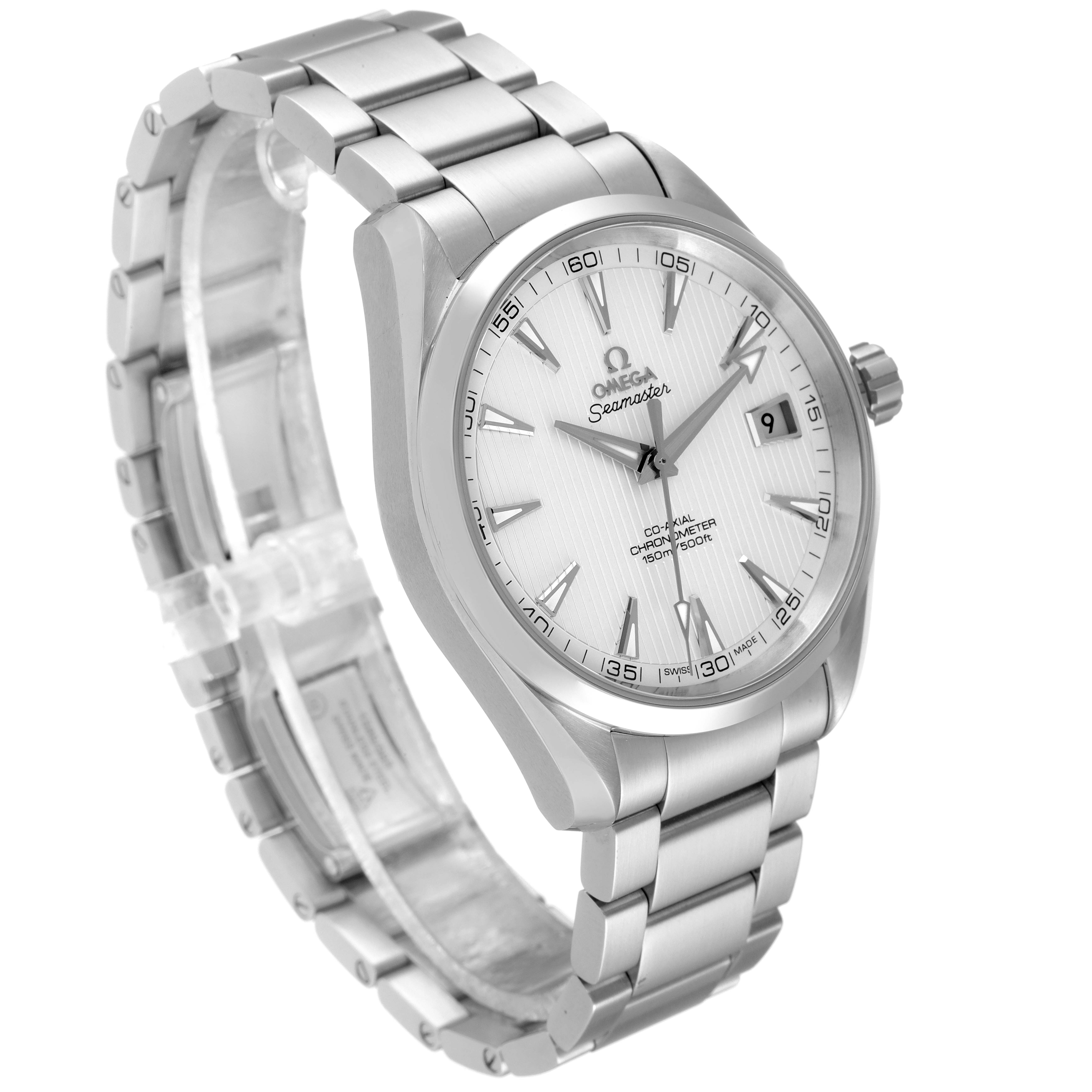The image shows an angled view of the Omega Aqua Terra 231.10.42.21.02.001 Men
s Stainless Steel Silver Dial 231.10.42.21.02.001 Men
s Stainless Steel Silver Dial watch, highlighting its face, bezel, lugs, and stainless steel bracelet.