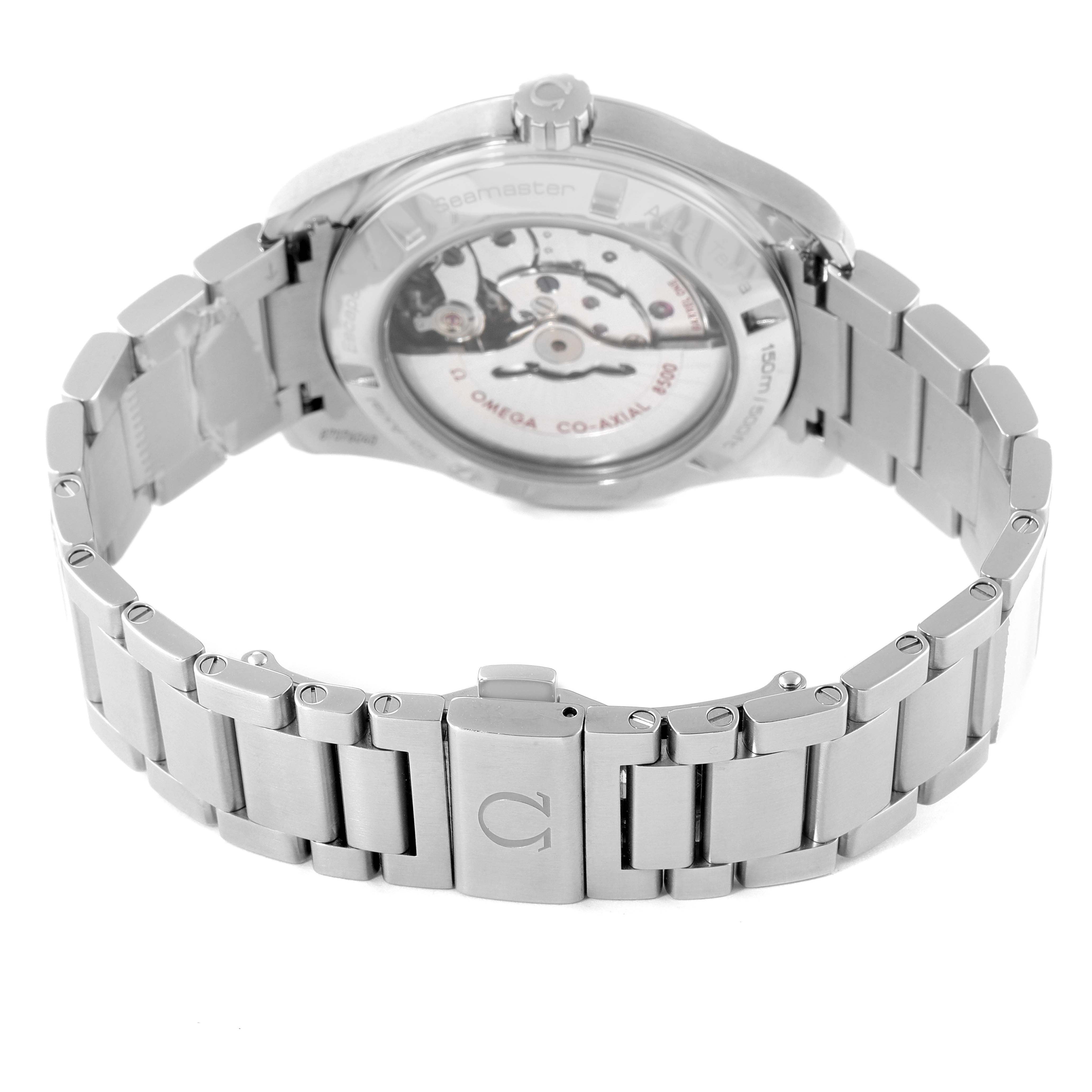 The image shows the back view of the Omega Aqua Terra 231.10.42.21.02.001 Men
s Stainless Steel Silver Dial 231.10.42.21.02.001 Men
s Stainless Steel Silver Dial watch, highlighting the metal bracelet and visible mechanical movement through the case back.