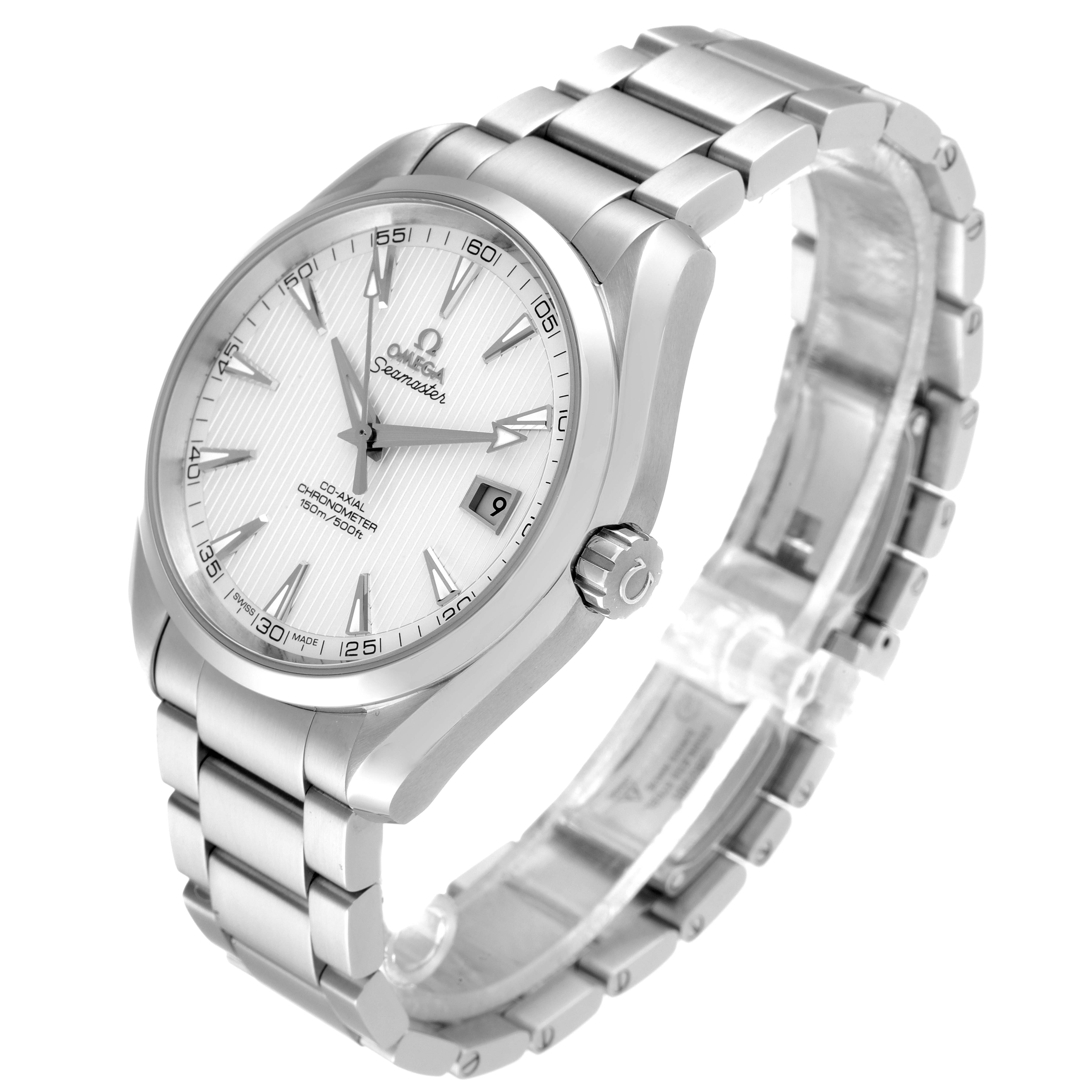 The image shows a side-angle view of the Omega Aqua Terra 231.10.42.21.02.001 Men
s Stainless Steel Silver Dial 231.10.42.21.02.001 Men
s Stainless Steel Silver Dial watch, highlighting its face, bezel, crown, and metal bracelet.