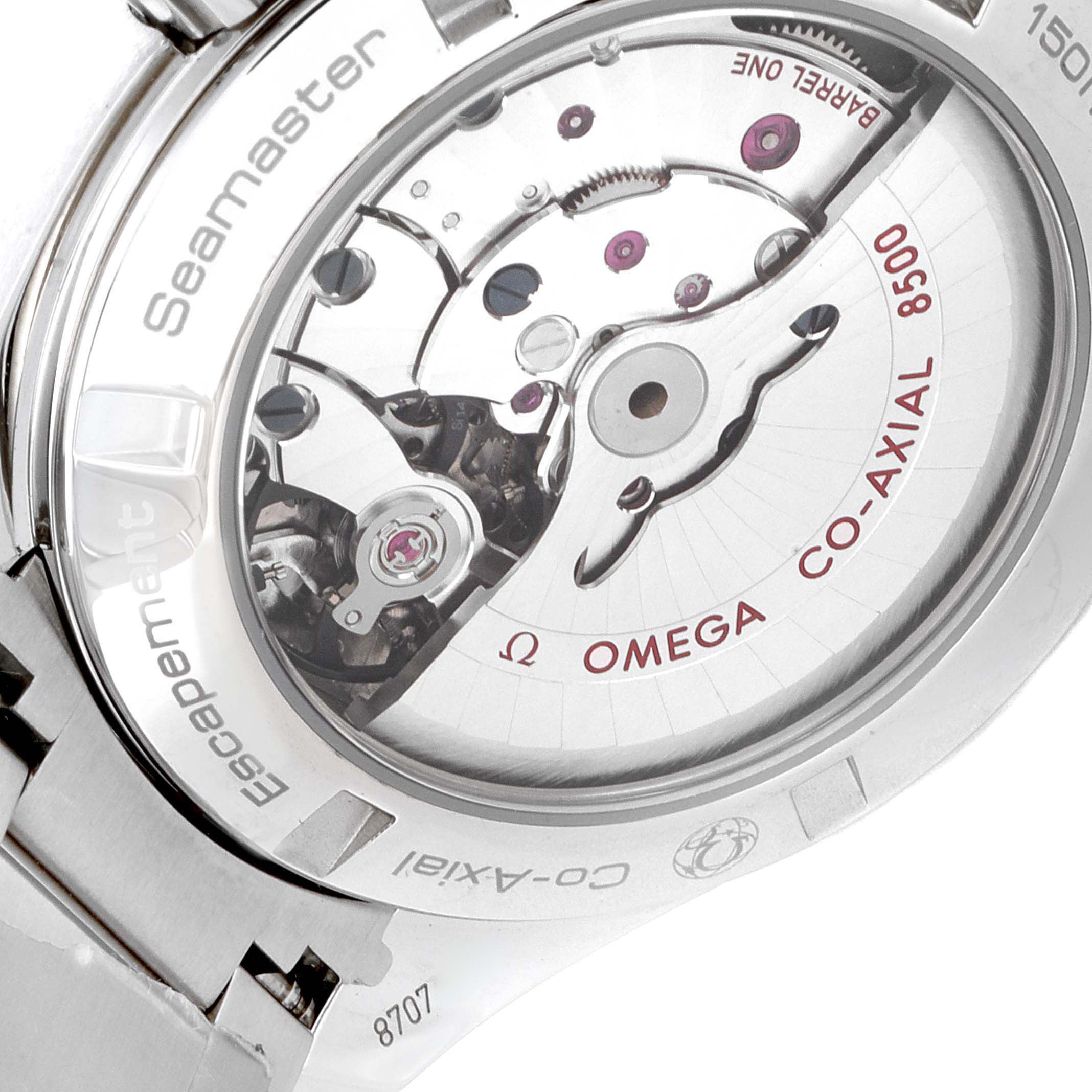The image shows a close-up of the Omega Aqua Terra 231.10.42.21.02.001 Men
s Stainless Steel Silver Dial 231.10.42.21.02.001 Men
s Stainless Steel Silver Dial Seamaster watch
s Co-Axial 8500 movement through its transparent case back.