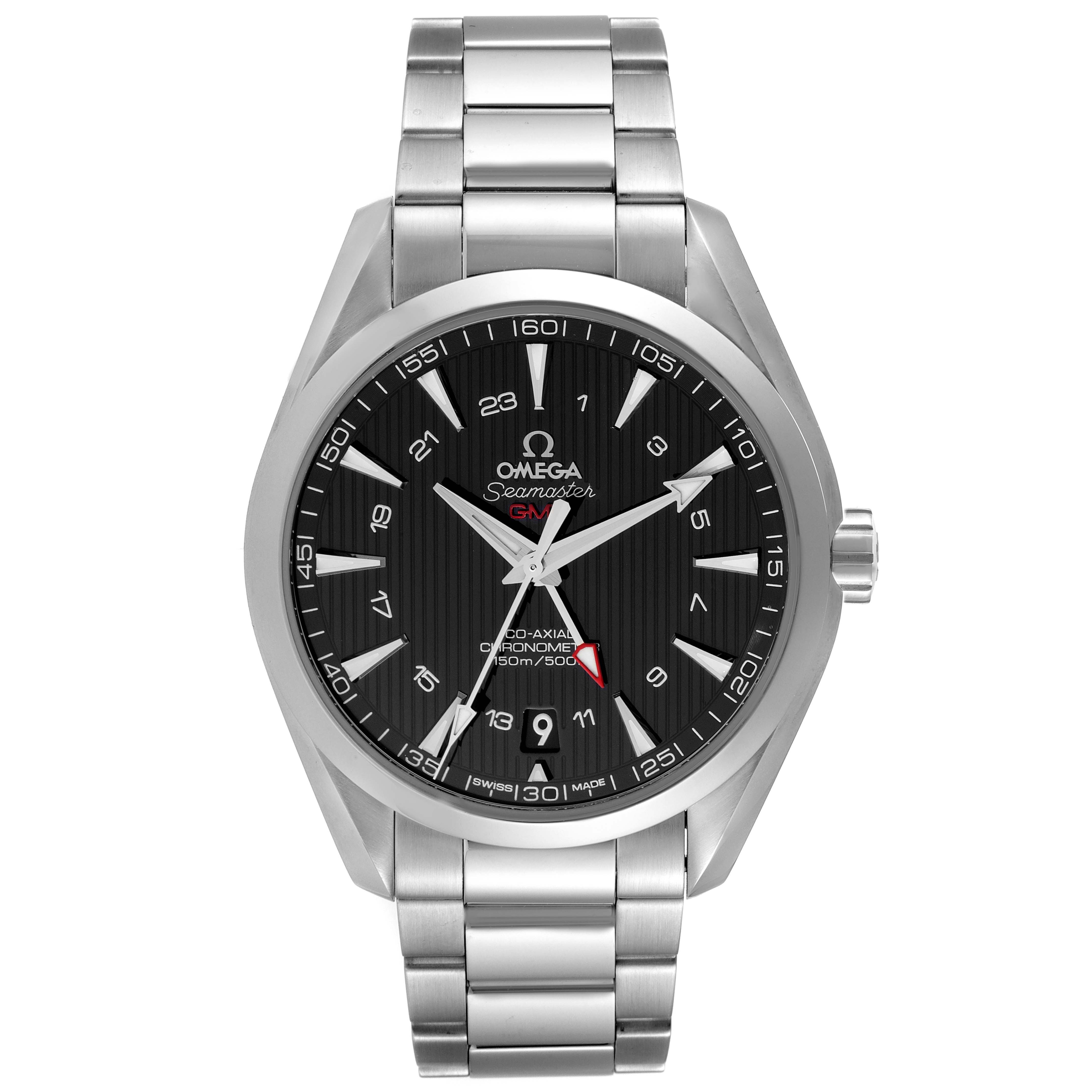 This image shows a front view of the Omega Aqua Terra 231.10.43.22.01.001 Men's Stainless Steel Black Dial 231.10.43.22.01.001 Men's Stainless Steel Black Dial watch, displaying the watch face, hands, and metal bracelet.