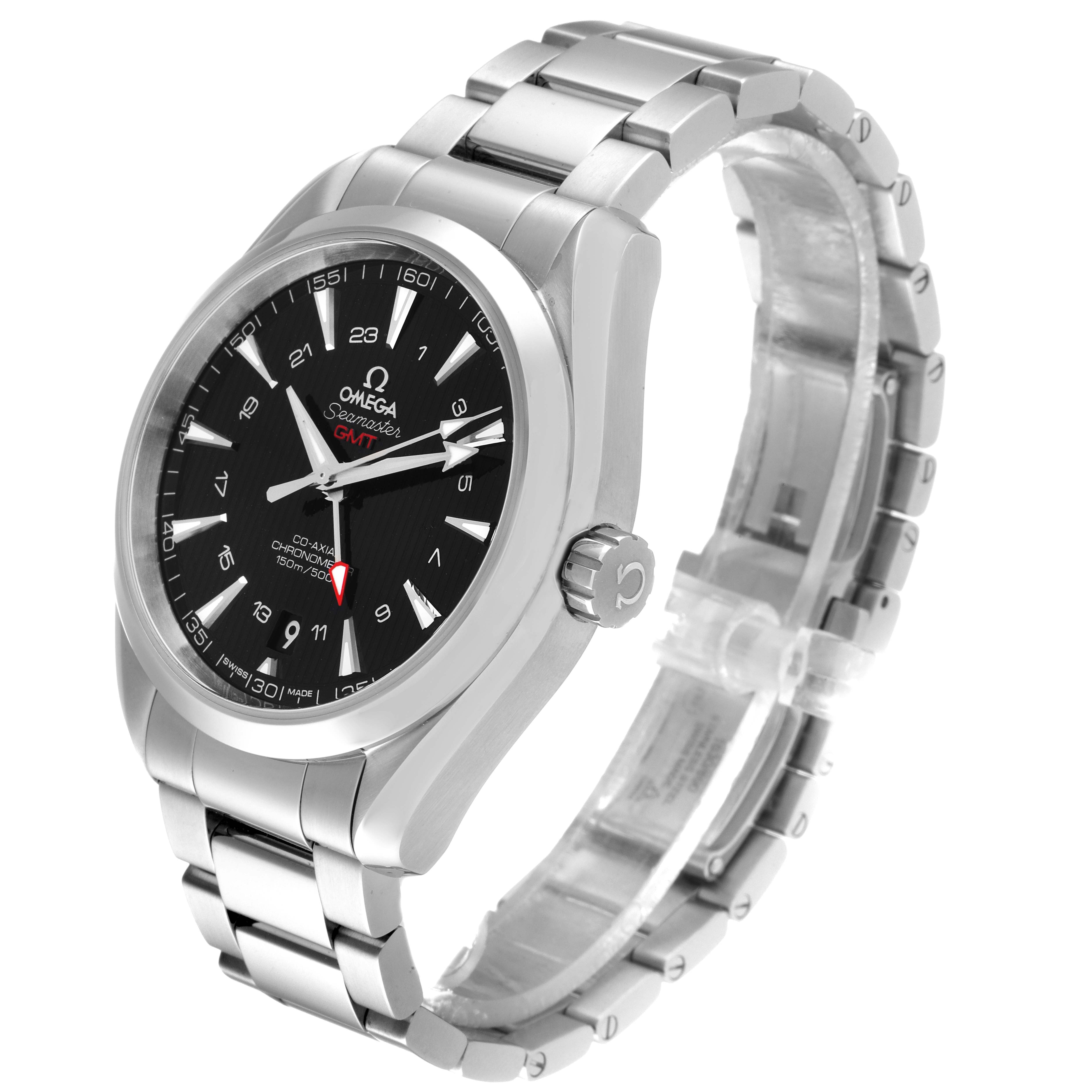 This Omega Aqua Terra 231.10.43.22.01.001 Men's Stainless Steel Black Dial 231.10.43.22.01.001 Men's Stainless Steel Black Dial model watch is shown at a three-quarter angle, featuring its dial, bracelet, and crown.