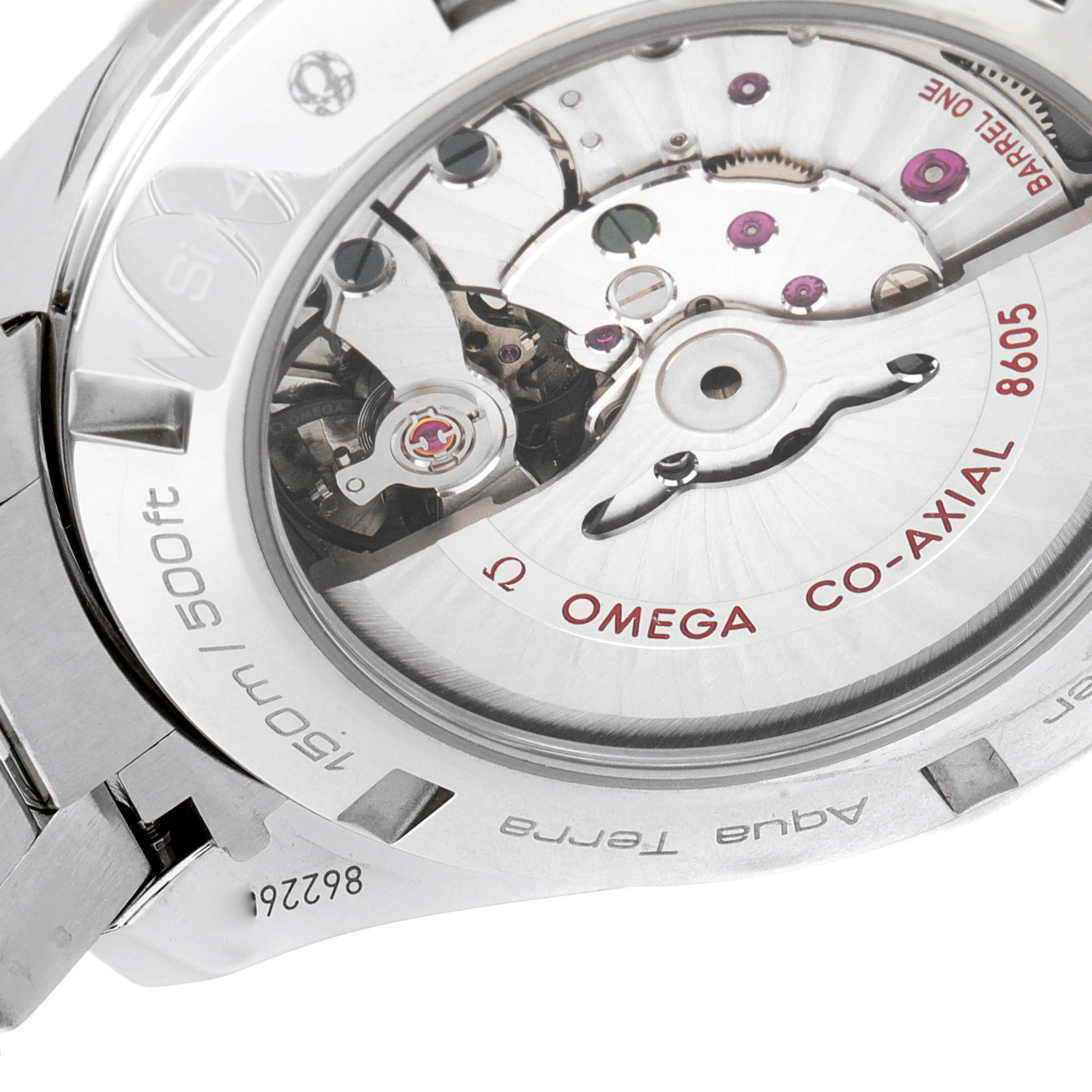 This image shows the back of an Omega Aqua Terra 231.10.43.22.01.001 Men's Stainless Steel Black Dial 231.10.43.22.01.001 Men's Stainless Steel Black Dial watch, highlighting its Co-Axial 8605 movement through the transparent case back.