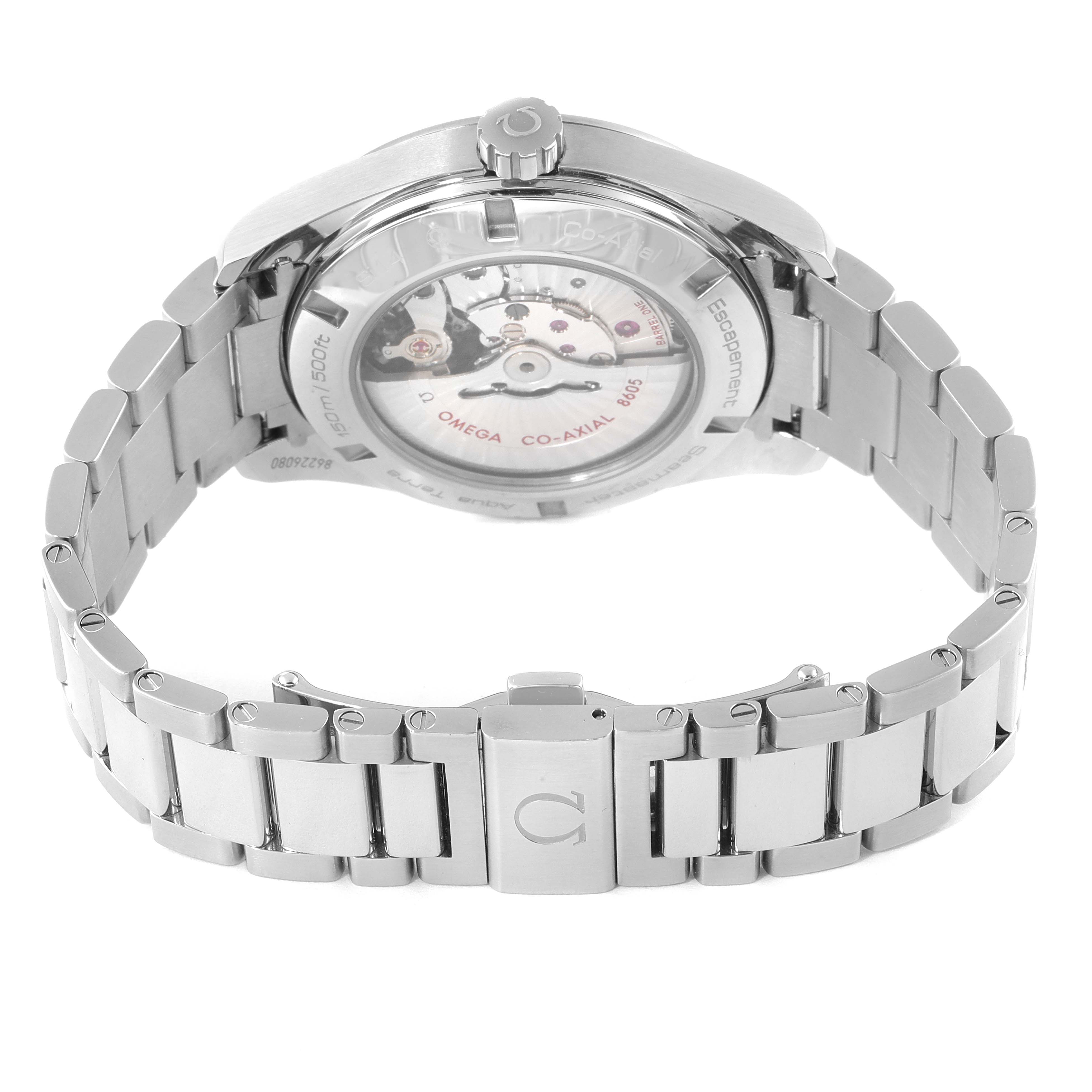 This is an Omega Aqua Terra 231.10.43.22.01.001 Men's Stainless Steel Black Dial 231.10.43.22.01.001 Men's Stainless Steel Black Dial watch shown from the rear, highlighting the case back and metal bracelet.