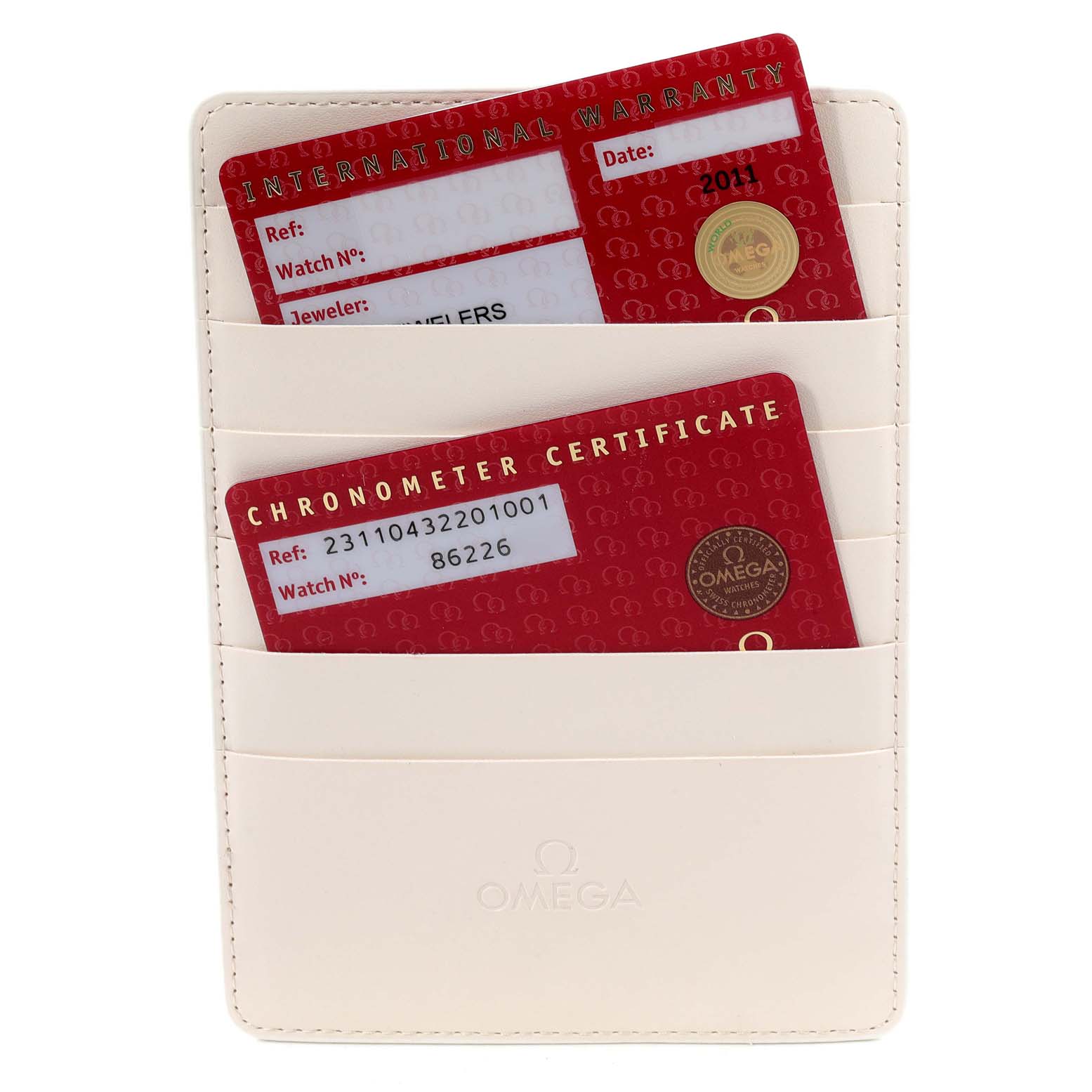 The image shows warranty and chronometer certificate cards for the Omega Aqua Terra 231.10.43.22.01.001 Men's Stainless Steel Black Dial 231.10.43.22.01.001 Men's Stainless Steel Black Dial watch, stored in a white Omega card holder.