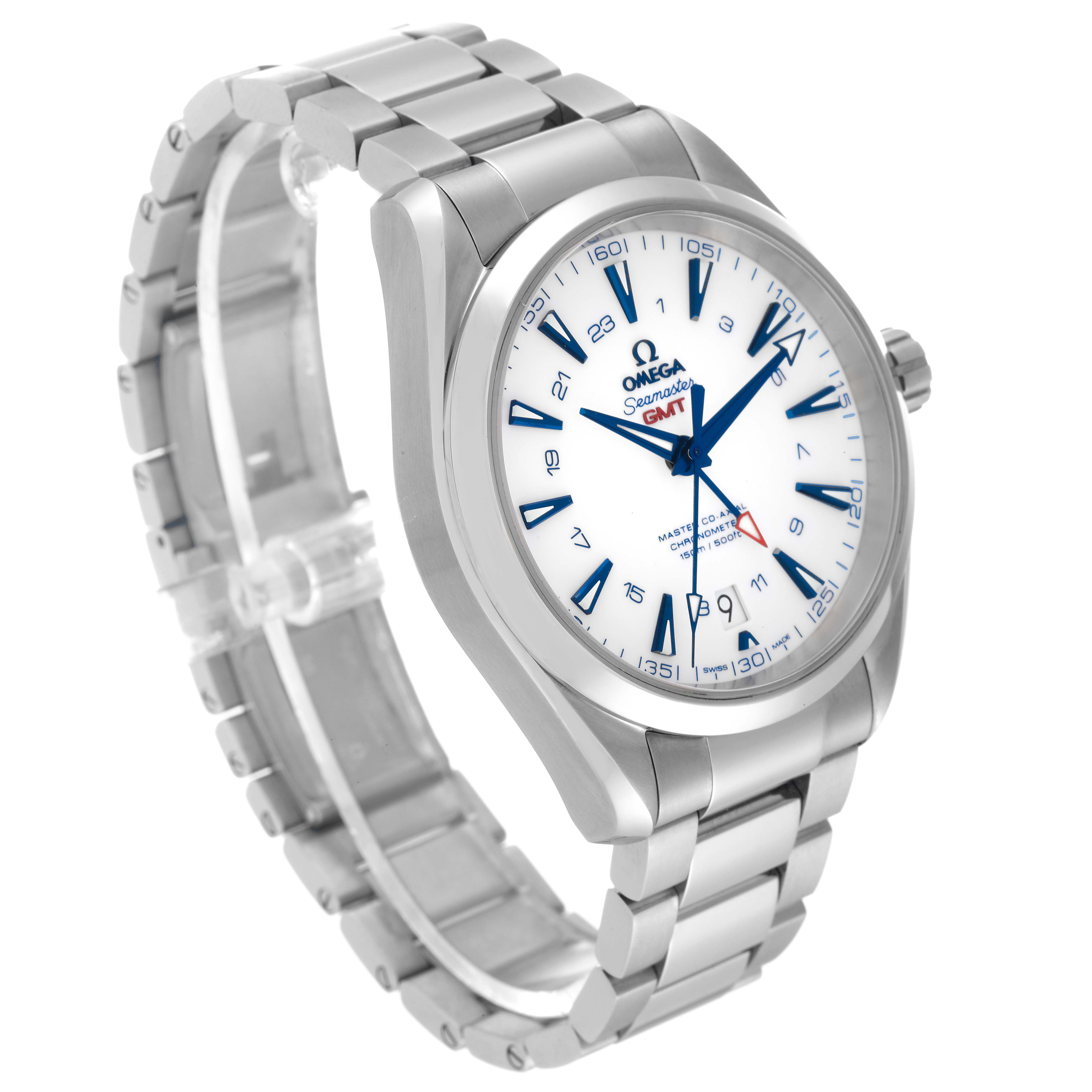 The image shows an angled view of an Omega Aqua Terra 231.90.43.22.04.001 Men's Titanium White Dial 231.90.43.22.04.001 Men's Titanium White Dial watch highlighting its face, bezel, and stainless steel bracelet.