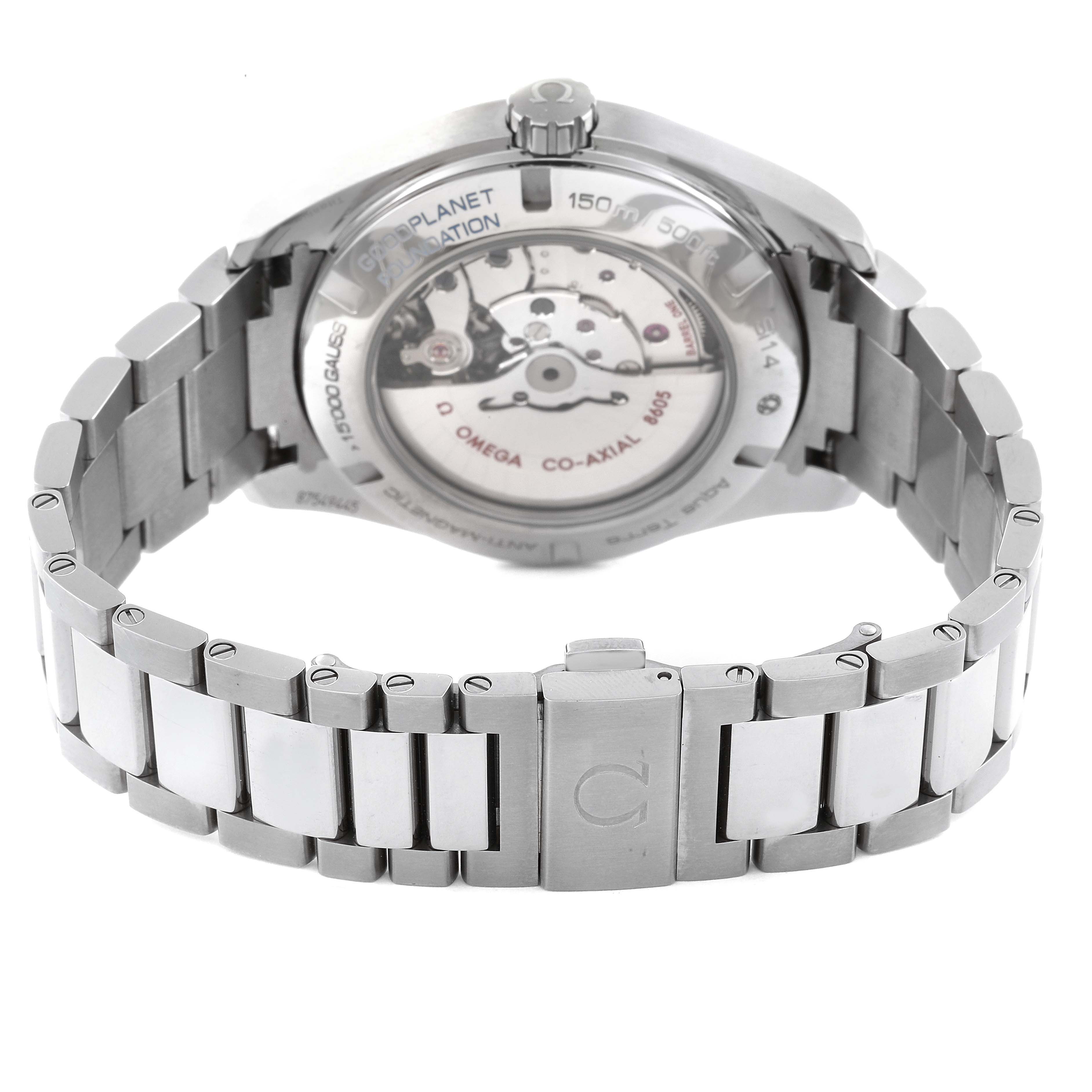 This image shows the back view of the Omega Aqua Terra 231.90.43.22.04.001 Men's Titanium White Dial 231.90.43.22.04.001 Men's Titanium White Dial watch, highlighting its transparent case back and bracelet.