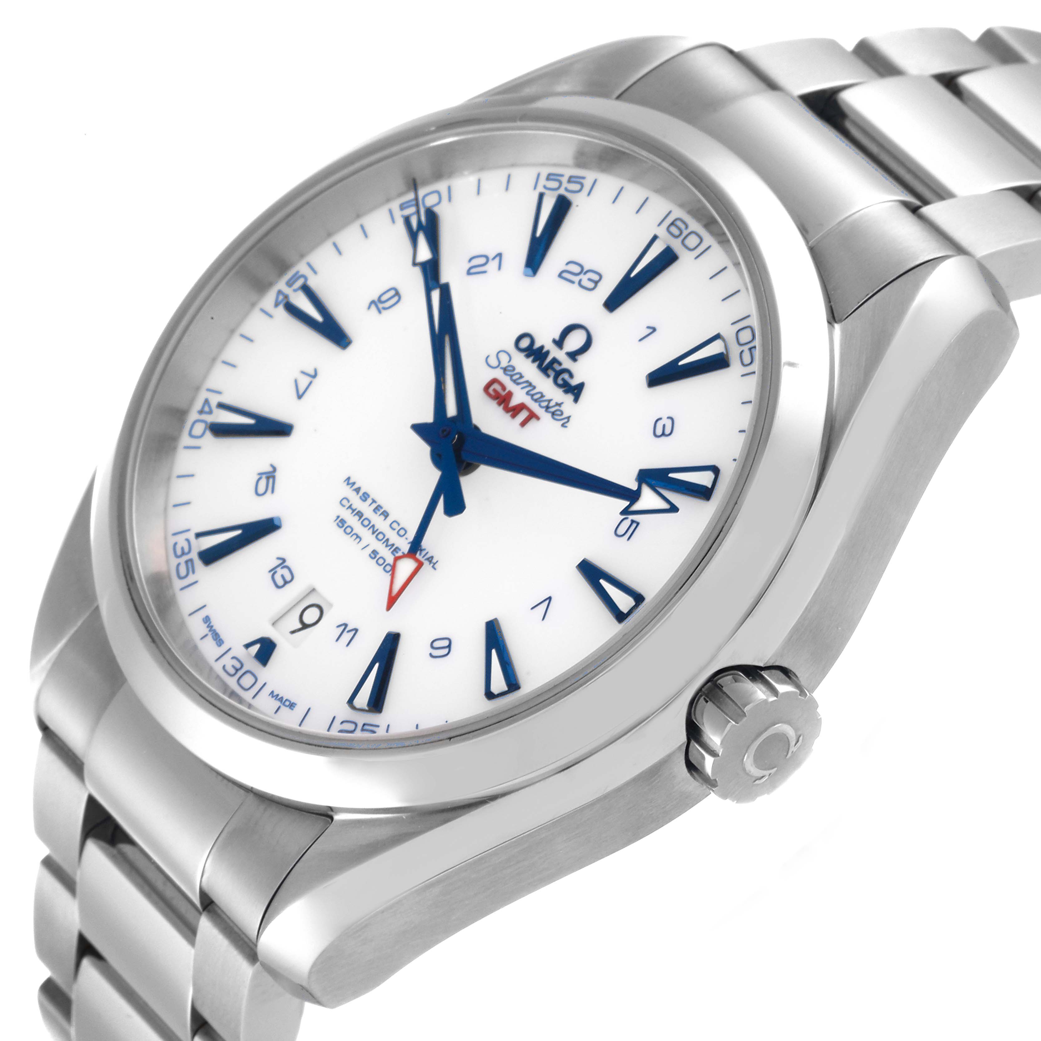 The image shows a side-angle view of the Omega Aqua Terra 231.90.43.22.04.001 Men's Titanium White Dial 231.90.43.22.04.001 Men's Titanium White Dial watch, highlighting the face, crown, and part of the bracelet.