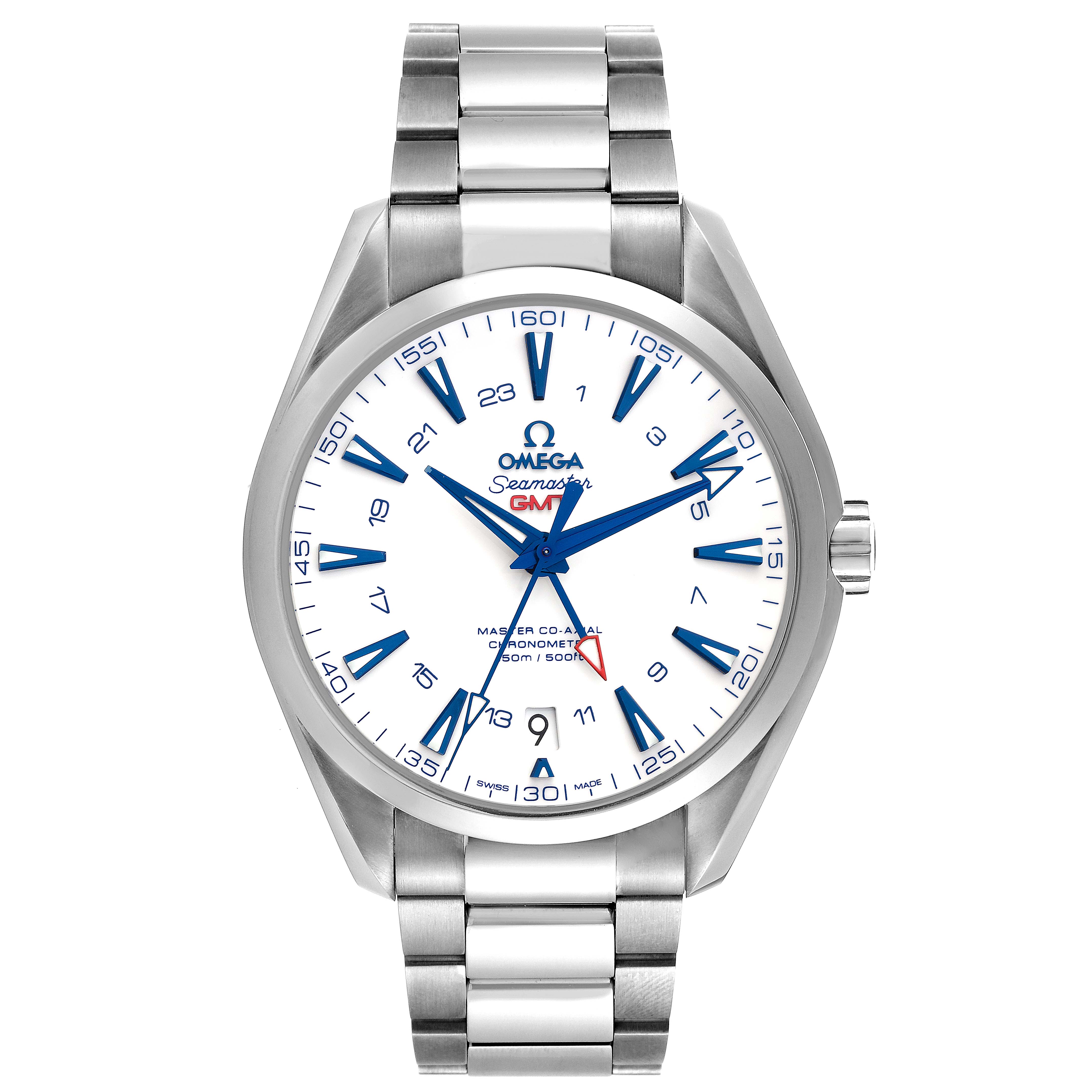 The image shows a front view of an Omega Aqua Terra 231.90.43.22.04.001 Men's Titanium White Dial 231.90.43.22.04.001 Men's Titanium White Dial watch, displaying the face, hands, and stainless steel band.