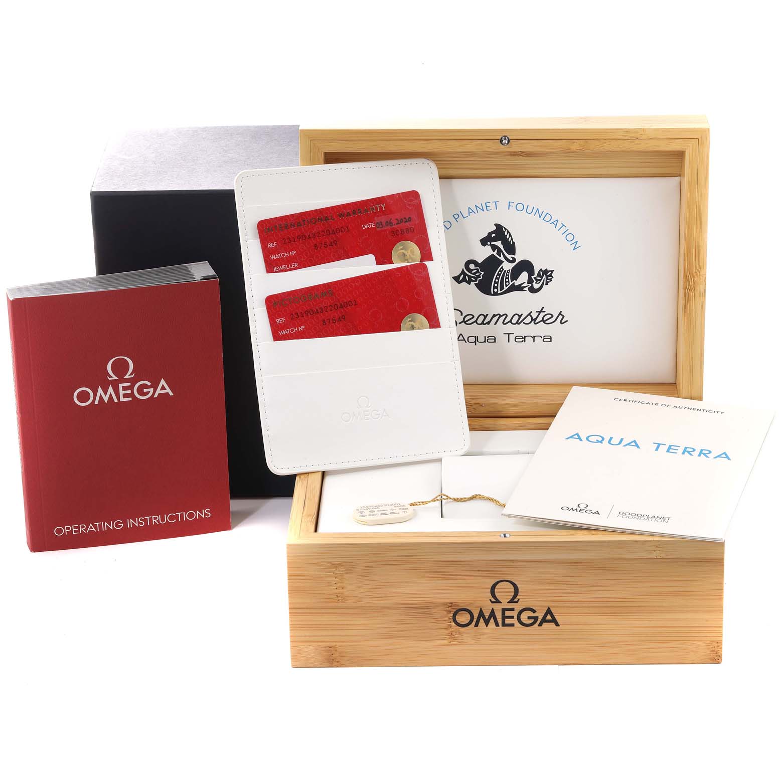 The image shows the Omega Aqua Terra 231.90.43.22.04.001 Men's Titanium White Dial 231.90.43.22.04.001 Men's Titanium White Dial watch box, warranty cards, instruction manual, and certificate of authenticity.