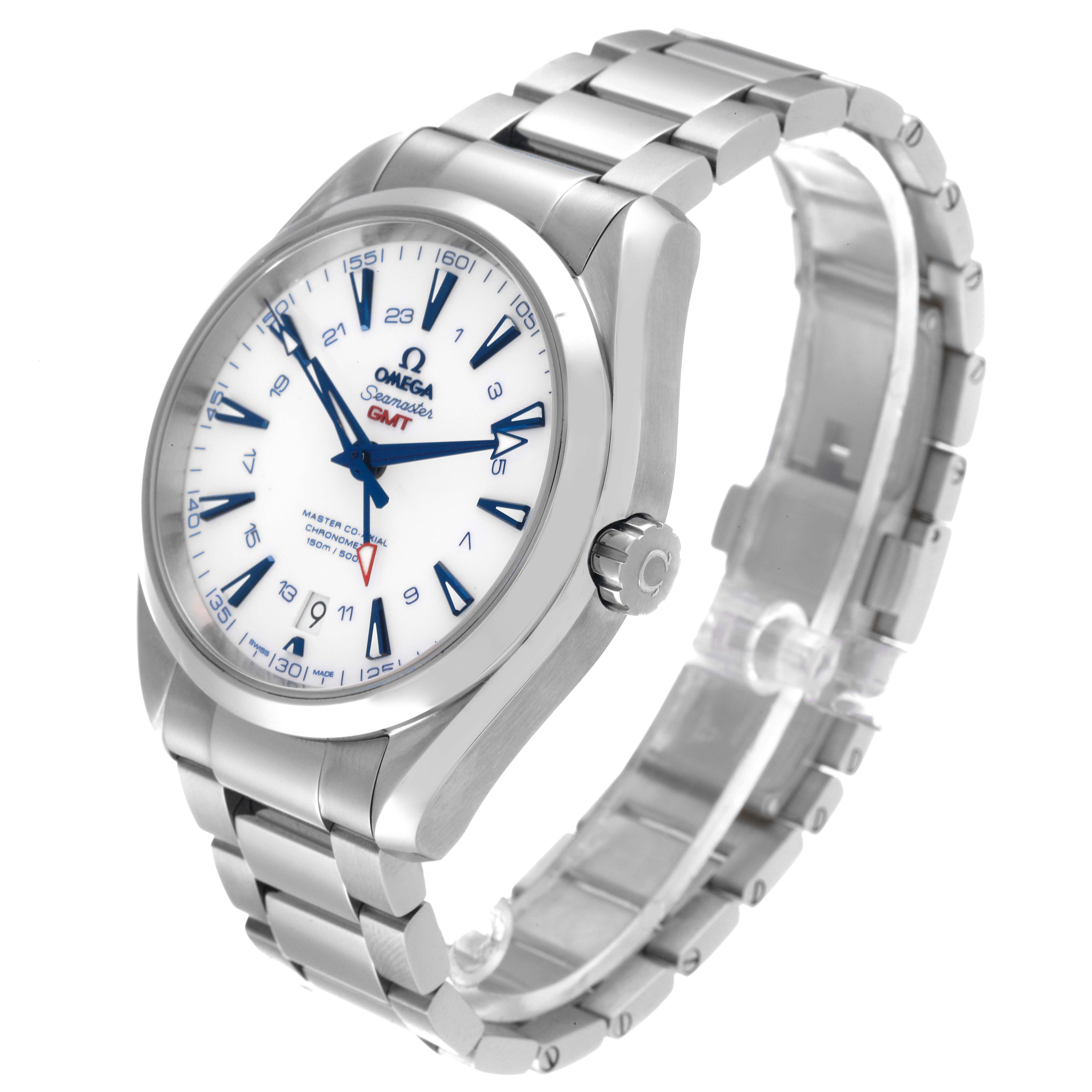 The image shows a side angle of the Omega Aqua Terra 231.90.43.22.04.001 Men's Titanium White Dial 231.90.43.22.04.001 Men's Titanium White Dial watch, highlighting the face, bezel, crown, and metal bracelet.