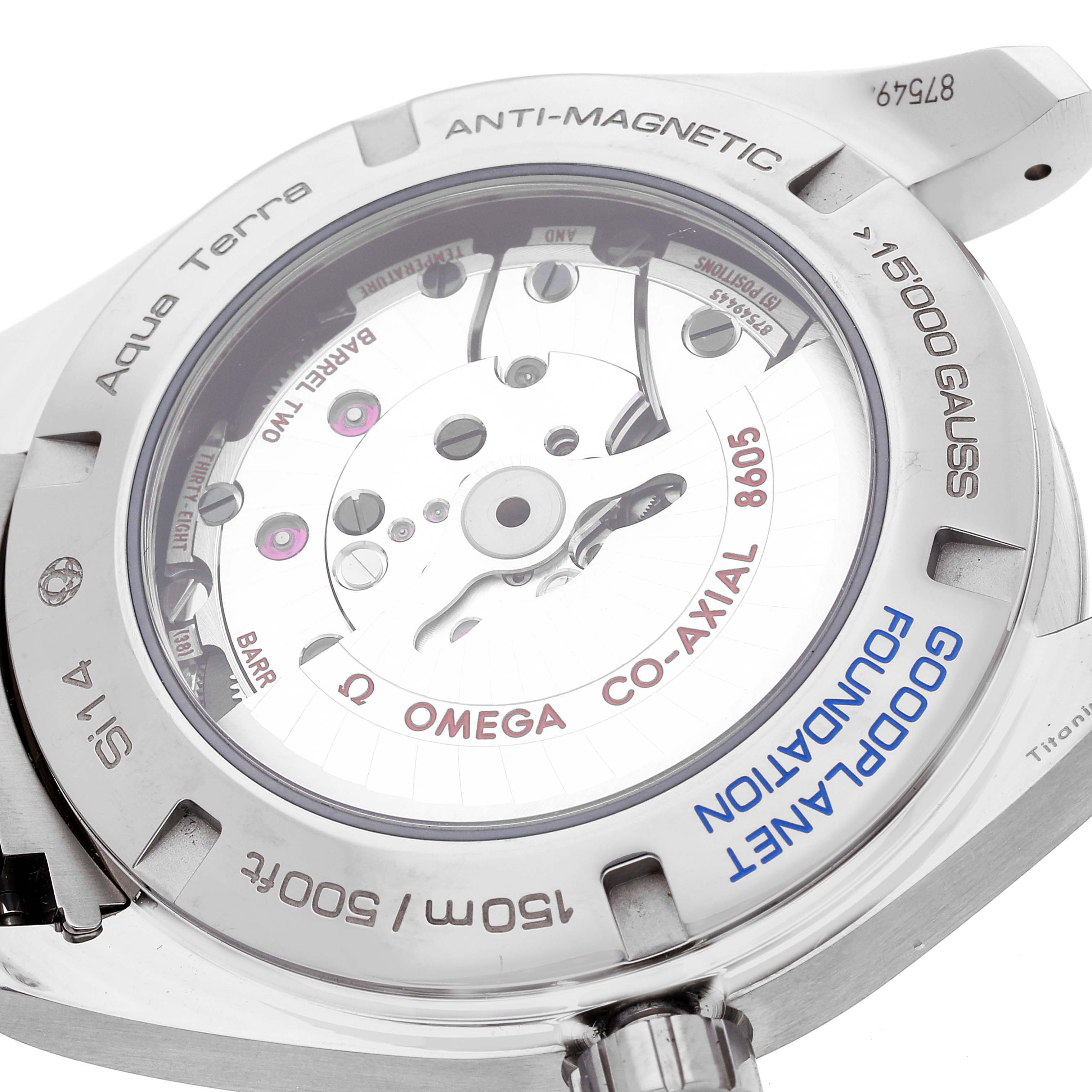 The image shows the back view of an Omega Aqua Terra 231.90.43.22.04.001 Men's Titanium White Dial 231.90.43.22.04.001 Men's Titanium White Dial watch, showcasing its internal mechanism and various engravings.