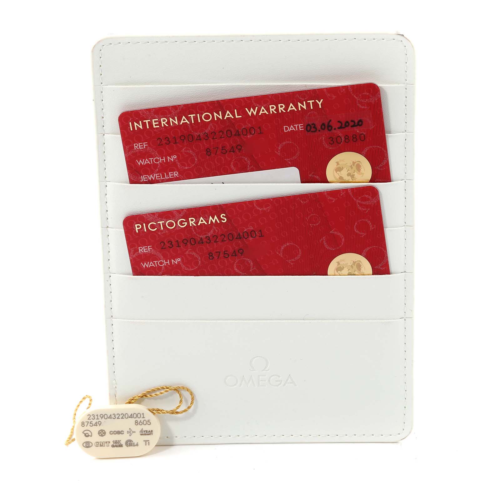 The image displays warranty cards and a tag for the Aqua Terra model by Omega, in a white cardholder.