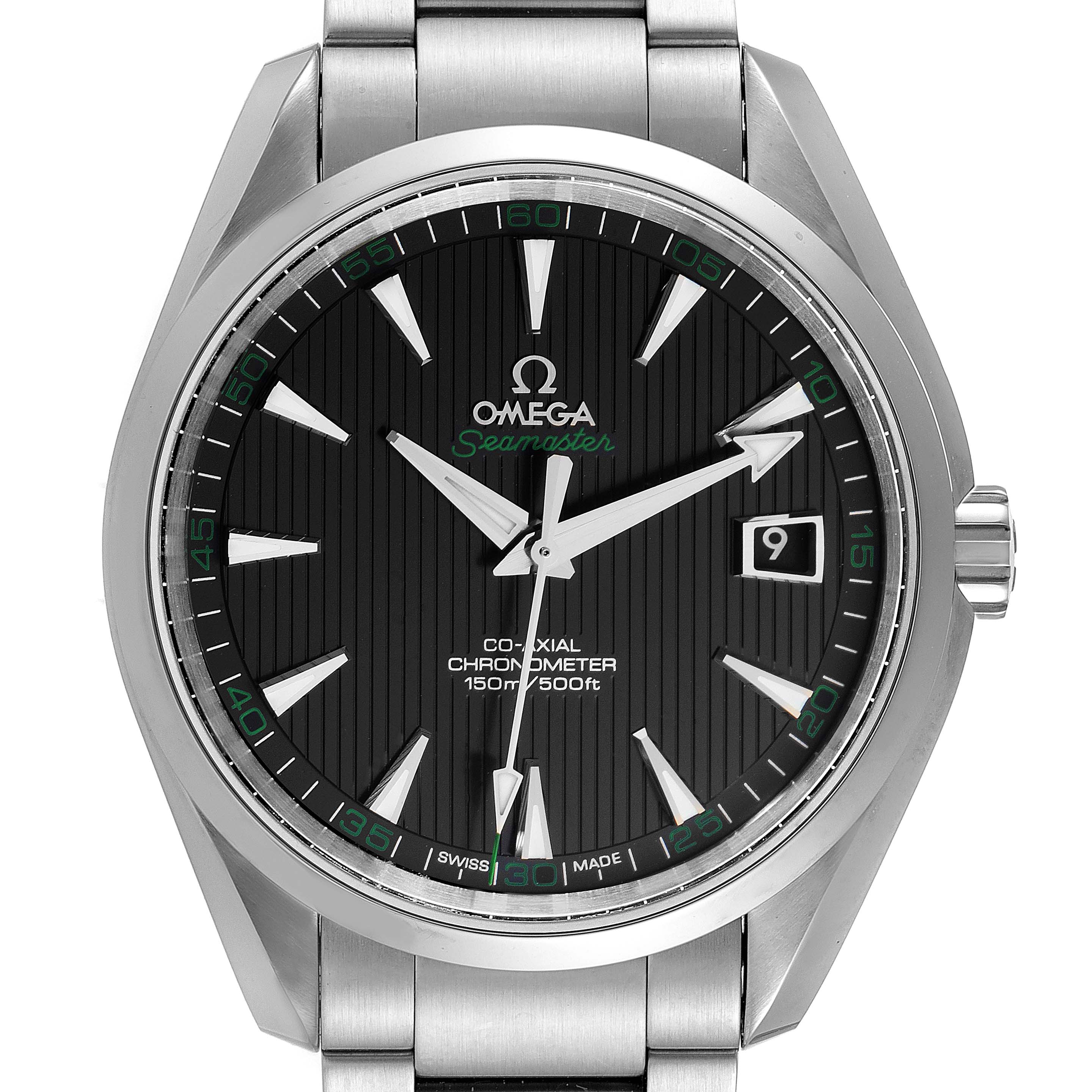 The image shows a front view of an Omega Seamaster Aqua Terra watch with a black dial and stainless steel bracelet.