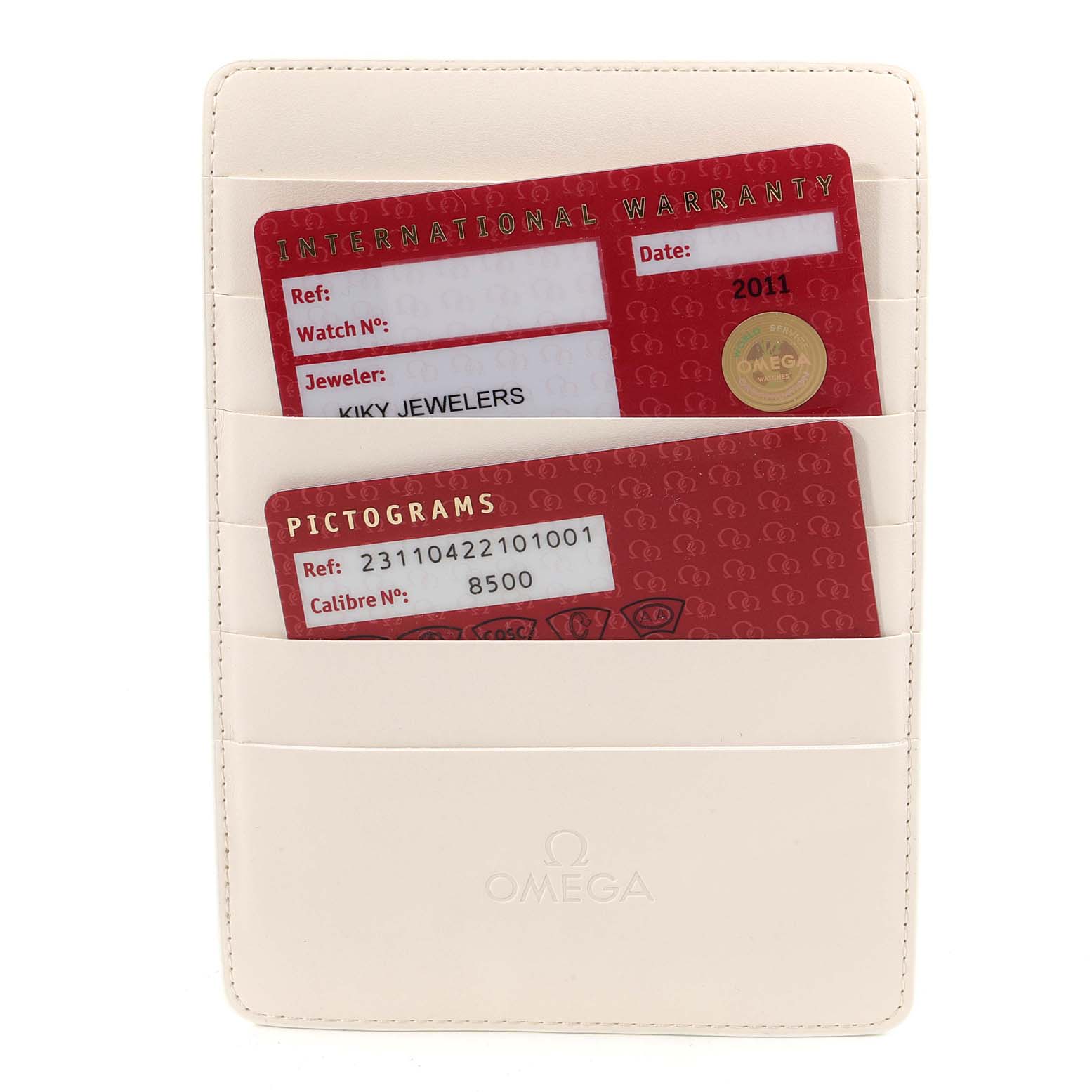 The image shows warranty cards for an Omega Aqua Terra 231.10.42.21.01.001 Men's Stainless Steel Black Dial 231.10.42.21.01.001 Men's Stainless Steel Black Dial watch inside a white Omega-branded cardholder.