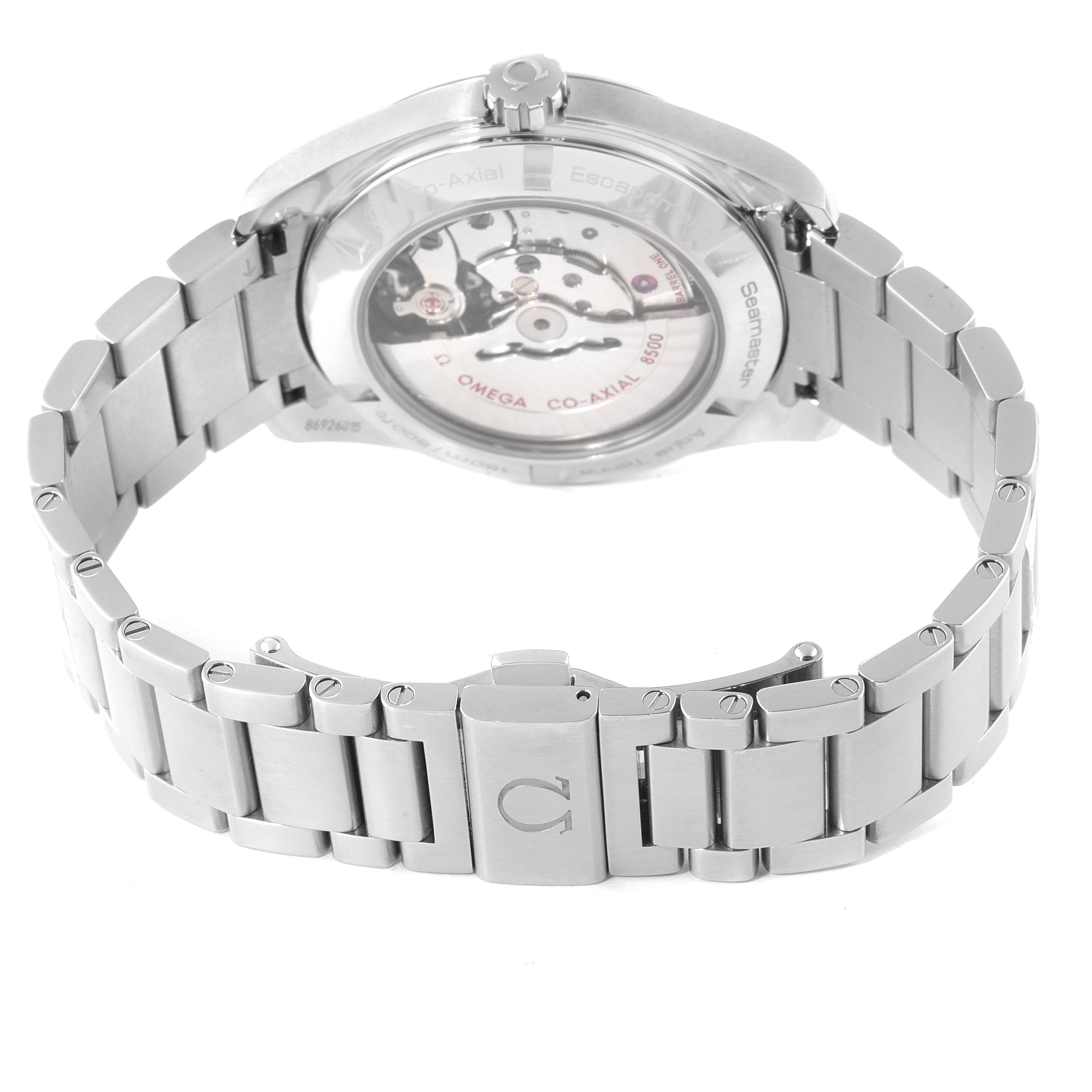 The image shows the back and bracelet of the Omega Aqua Terra 231.10.42.21.01.001 Men's Stainless Steel Black Dial 231.10.42.21.01.001 Men's Stainless Steel Black Dial watch, highlighting the movement and clasp.