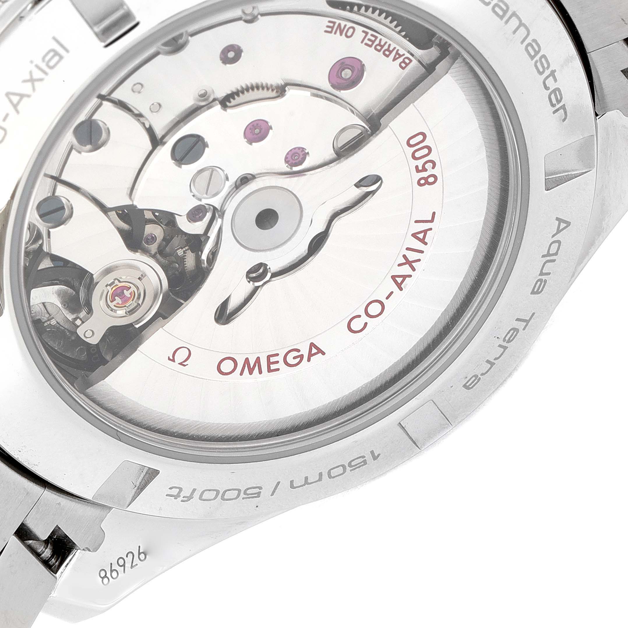 The image shows the back of an Omega Aqua Terra 231.10.42.21.01.001 Men's Stainless Steel Black Dial 231.10.42.21.01.001 Men's Stainless Steel Black Dial watch, highlighting its co-axial movement and intricate inner mechanisms.