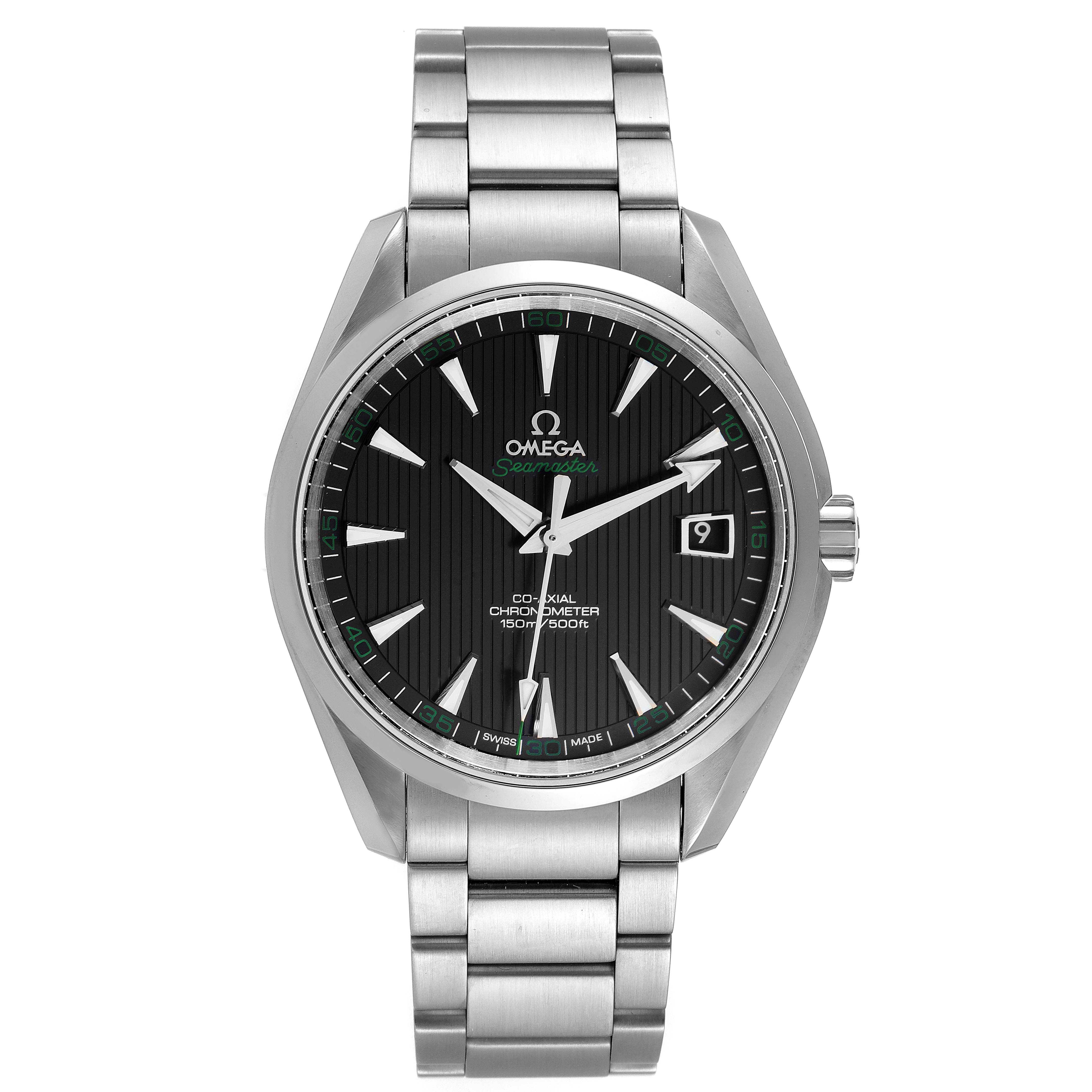 The image shows the front view of an Omega Aqua Terra 231.10.42.21.01.001 Men's Stainless Steel Black Dial 231.10.42.21.01.001 Men's Stainless Steel Black Dial watch displaying its face, hands, markers, and metal bracelet.