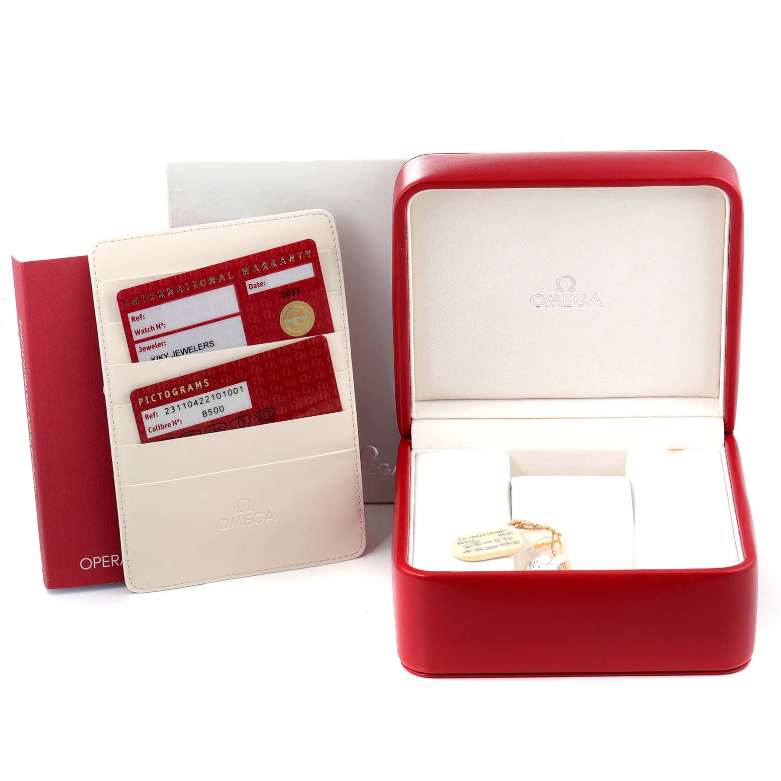 The image shows the box, warranty cards, and manual for an Omega Aqua Terra 231.10.42.21.01.001 Men's Stainless Steel Black Dial 231.10.42.21.01.001 Men's Stainless Steel Black Dial watch.