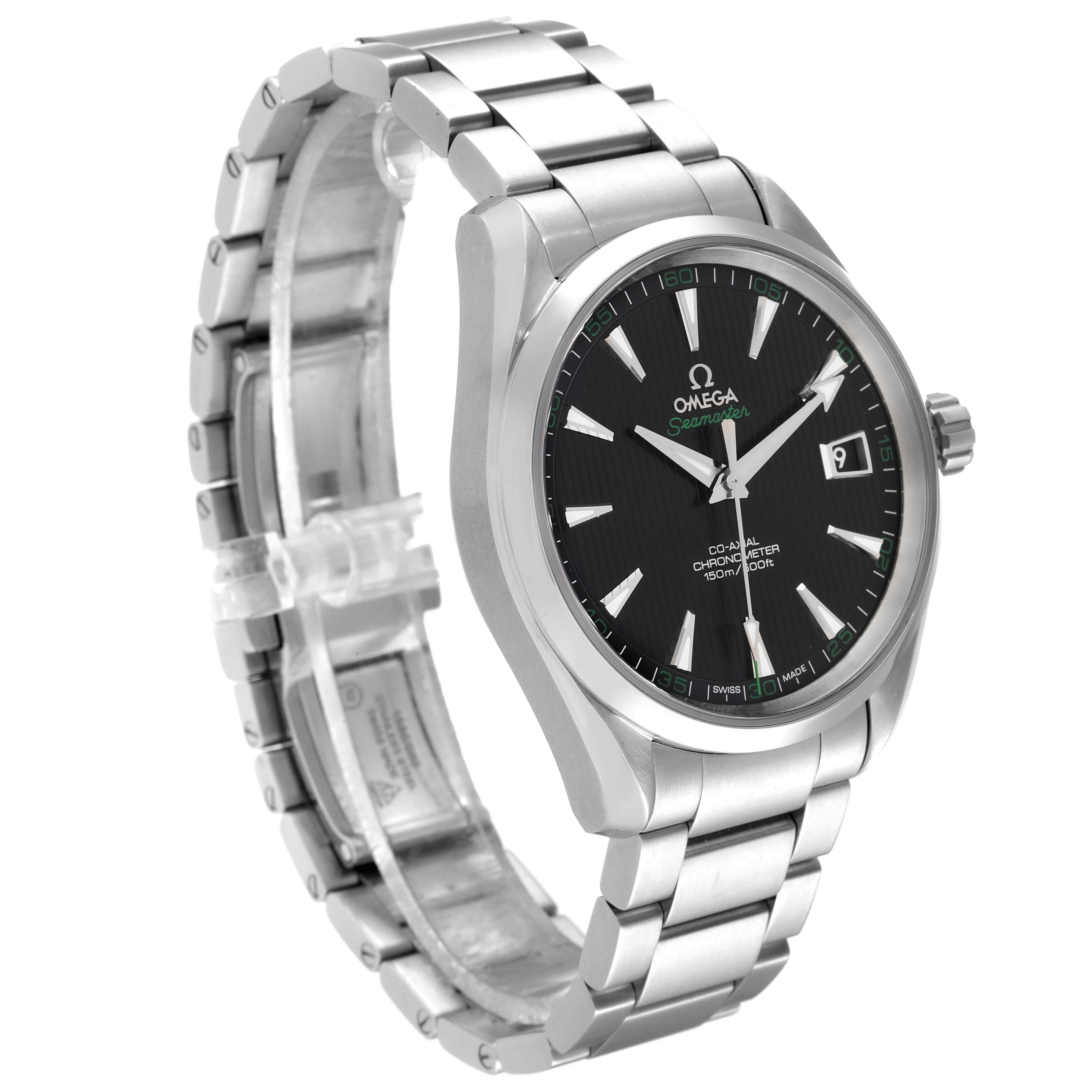 The image shows an angled side view of the Omega Aqua Terra 231.10.42.21.01.001 Men's Stainless Steel Black Dial 231.10.42.21.01.001 Men's Stainless Steel Black Dial watch, highlighting its black dial and metal bracelet.