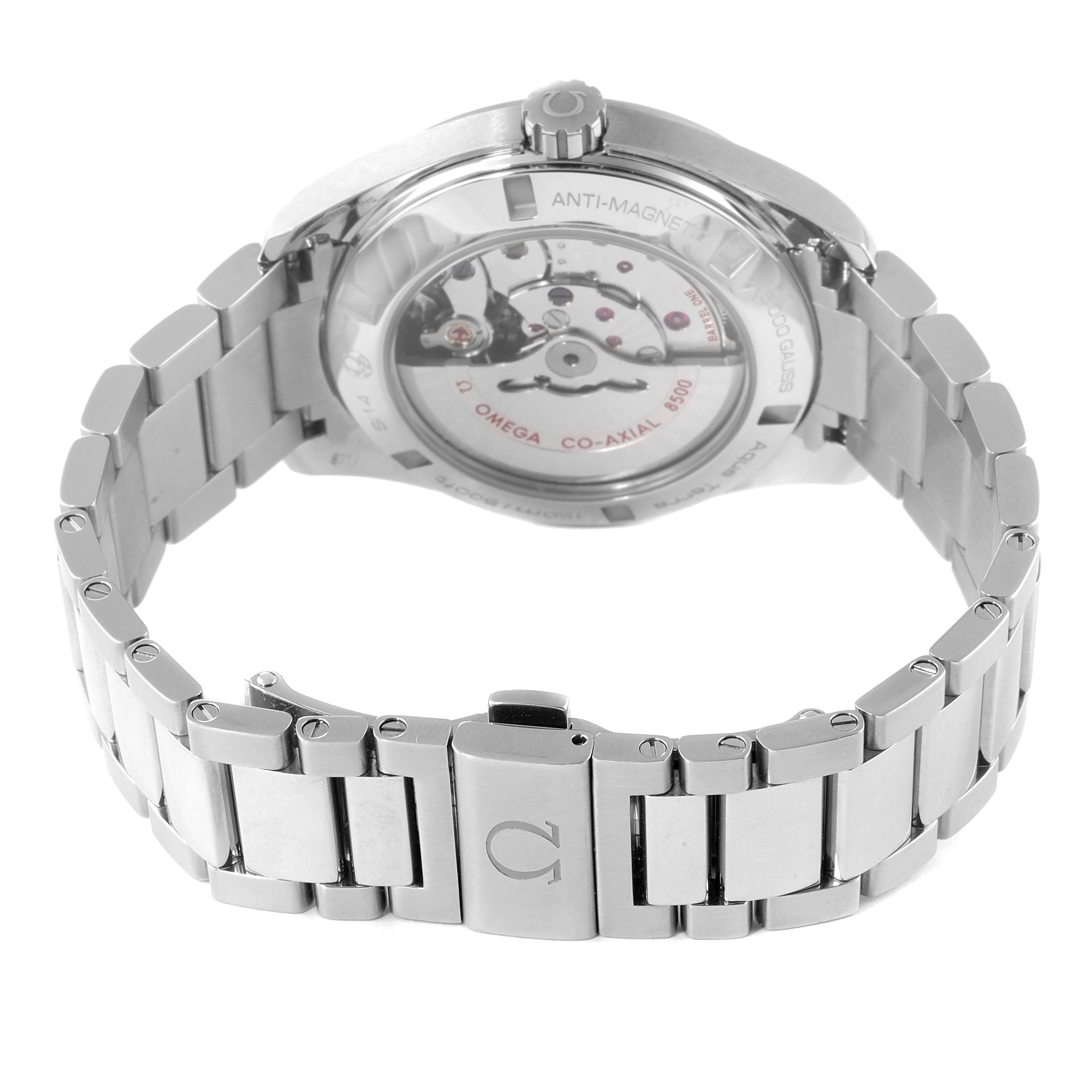 This image shows the back view of an Omega Aqua Terra 231.10.42.21.01.004 Men's Stainless Steel Black Dial 231.10.42.21.01.004 Men's Stainless Steel Black Dial watch, highlighting its stainless steel bracelet and visible movement through the transparent case back.