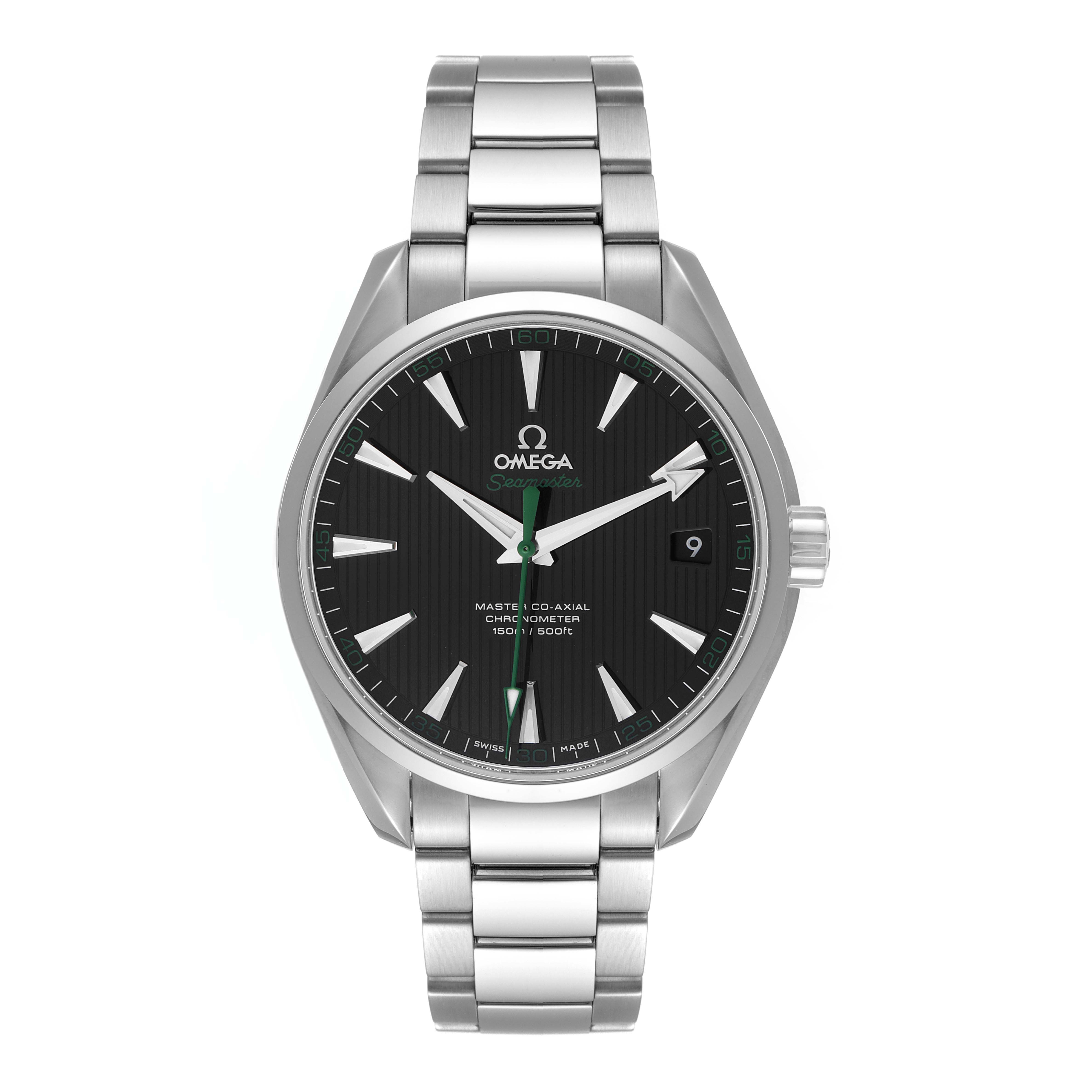 This image shows a front view of the Omega Aqua Terra 231.10.42.21.01.004 Men's Stainless Steel Black Dial 231.10.42.21.01.004 Men's Stainless Steel Black Dial watch, displaying the dial, hands, markers, and stainless steel bracelet.