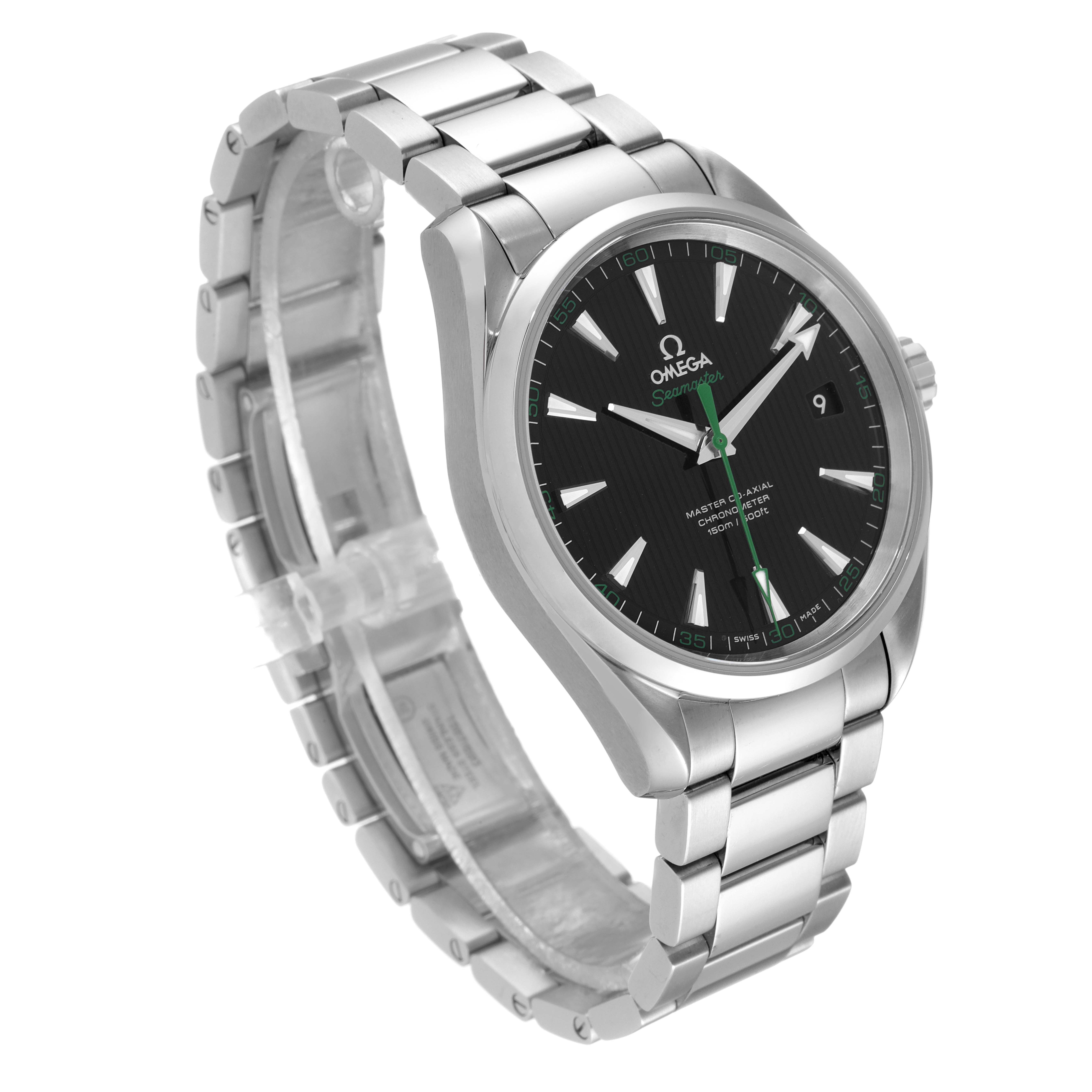 The Omega Aqua Terra 231.10.42.21.01.004 Men's Stainless Steel Black Dial 231.10.42.21.01.004 Men's Stainless Steel Black Dial watch is shown at a three-quarter angle, displaying its stainless steel bracelet, face, and date window.