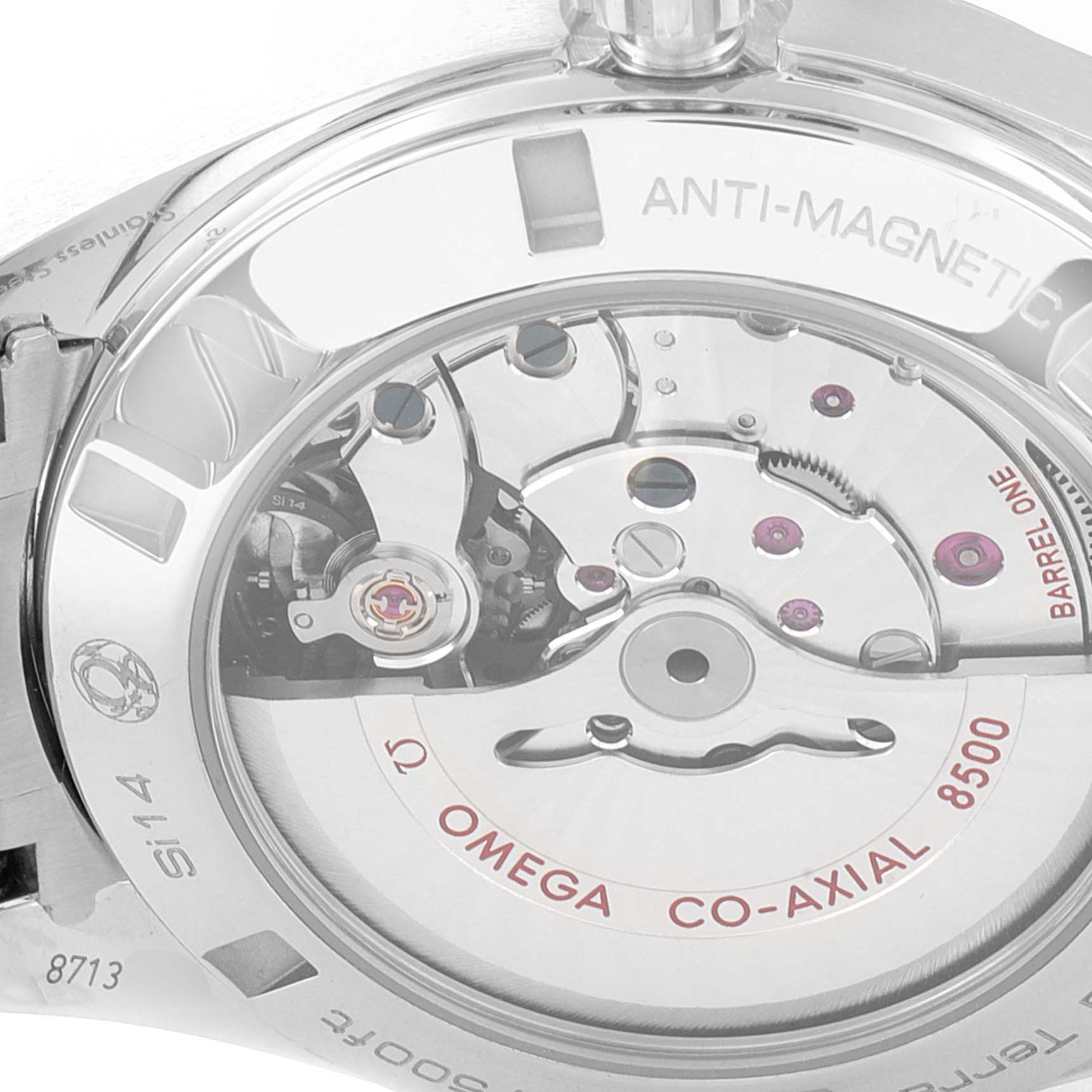 This image shows the back view of the Omega Aqua Terra 231.10.42.21.01.004 Men's Stainless Steel Black Dial 231.10.42.21.01.004 Men's Stainless Steel Black Dial's Co-Axial 8500 movement, highlighting its intricate mechanics.