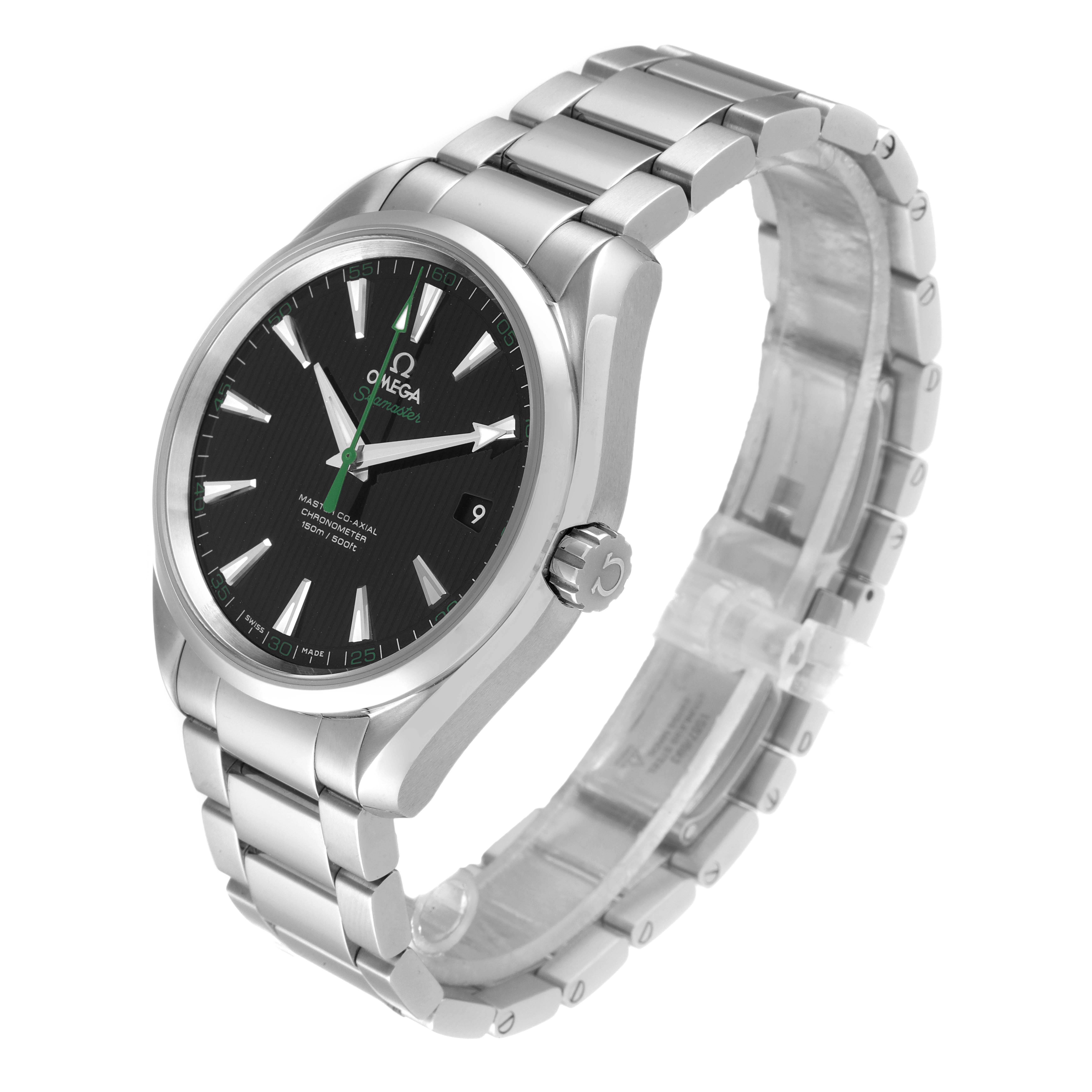 The image shows an Omega Aqua Terra 231.10.42.21.01.004 Men's Stainless Steel Black Dial 231.10.42.21.01.004 Men's Stainless Steel Black Dial watch, highlighting its black dial, silver band, and side view of the case and crown.