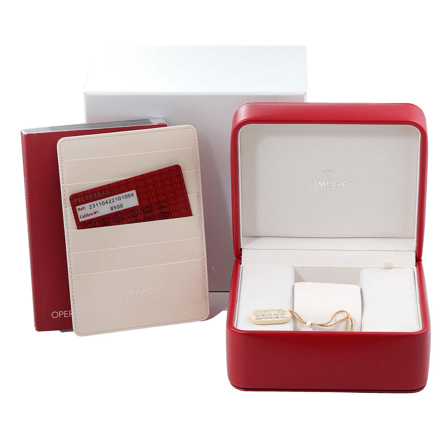 The image shows the empty packaging, box, case, and documentation for the Omega Aqua Terra 231.10.42.21.01.004 Men's Stainless Steel Black Dial 231.10.42.21.01.004 Men's Stainless Steel Black Dial watch model.