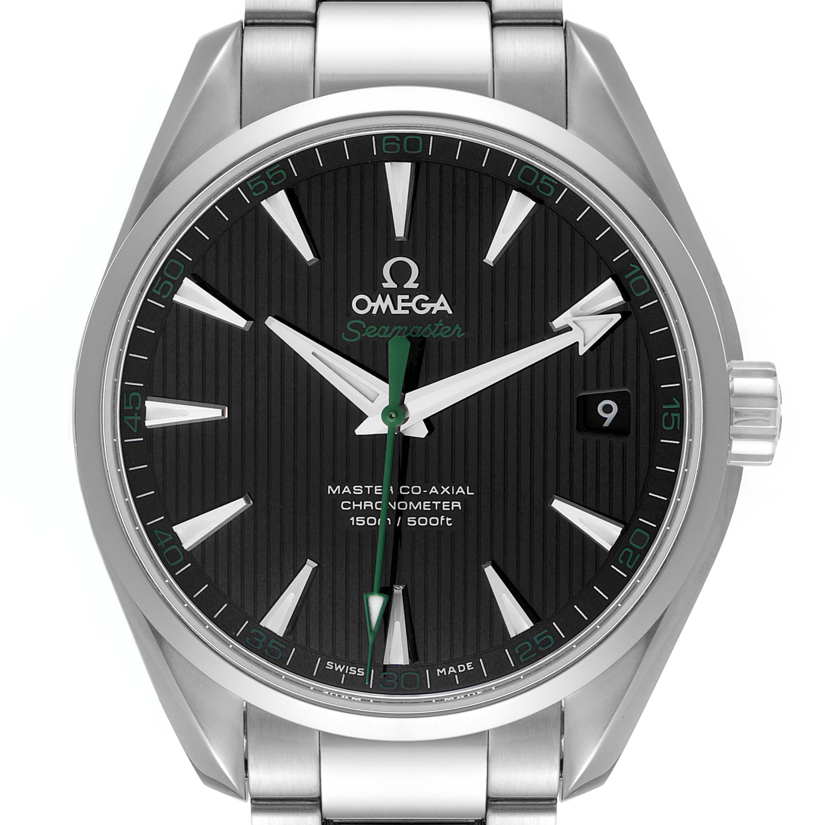 The Omega Aqua Terra 231.10.42.21.01.004 Men's Stainless Steel Black Dial 231.10.42.21.01.004 Men's Stainless Steel Black Dial watch is shown from a front angle, displaying its dial, hands, bezel, and bracelet.