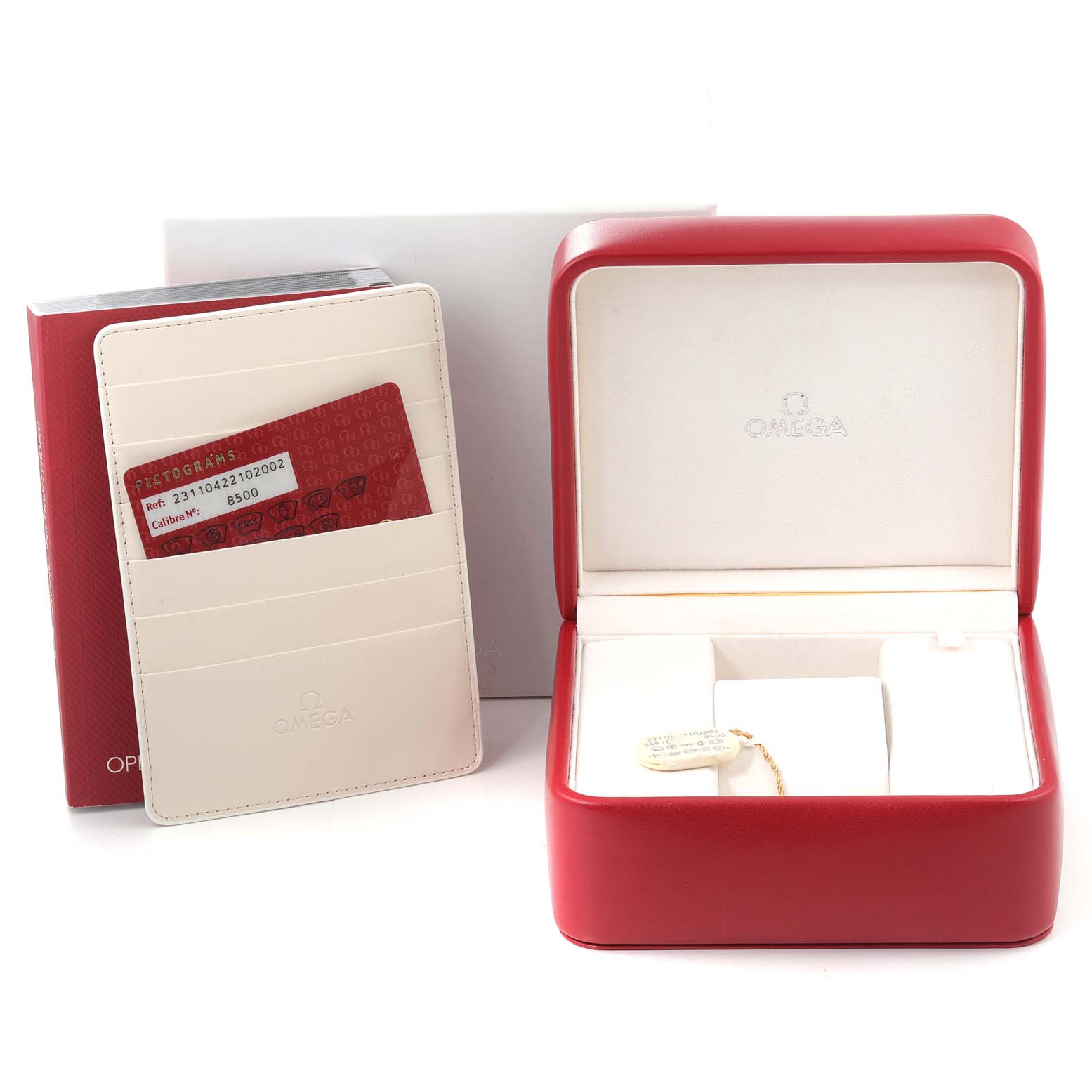 The image shows the open case and documentation for an Omega Aqua Terra 231.10.42.21.02.002 Men's Stainless Steel Silver Dial 231.10.42.21.02.002 Men's Stainless Steel Silver Dial watch, including a red cardholder and white presentation box.