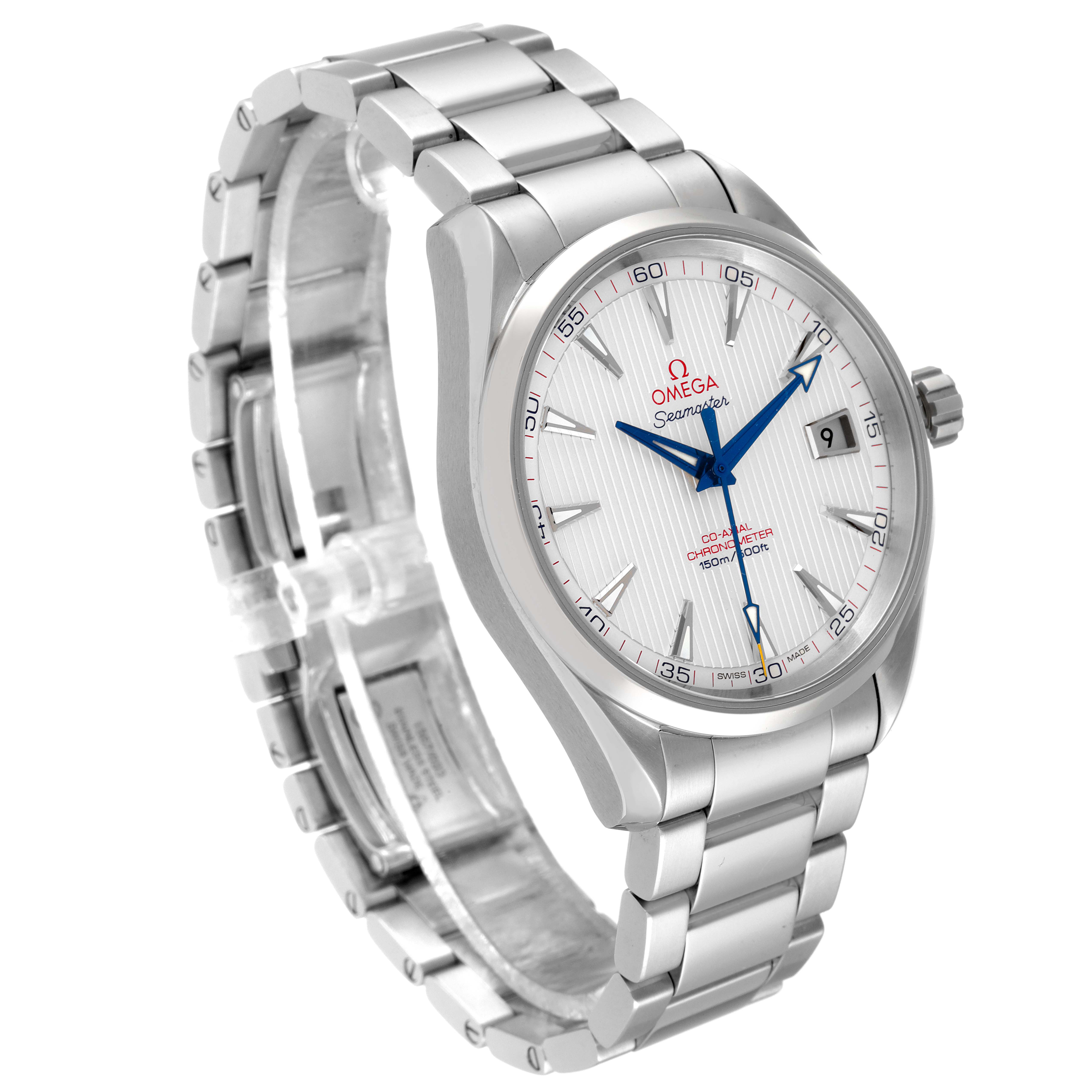 The image shows an Omega Aqua Terra 231.10.42.21.02.002 Men's Stainless Steel Silver Dial 231.10.42.21.02.002 Men's Stainless Steel Silver Dial watch at a three-quarter angle, highlighting its face, bracelet, and clasp.