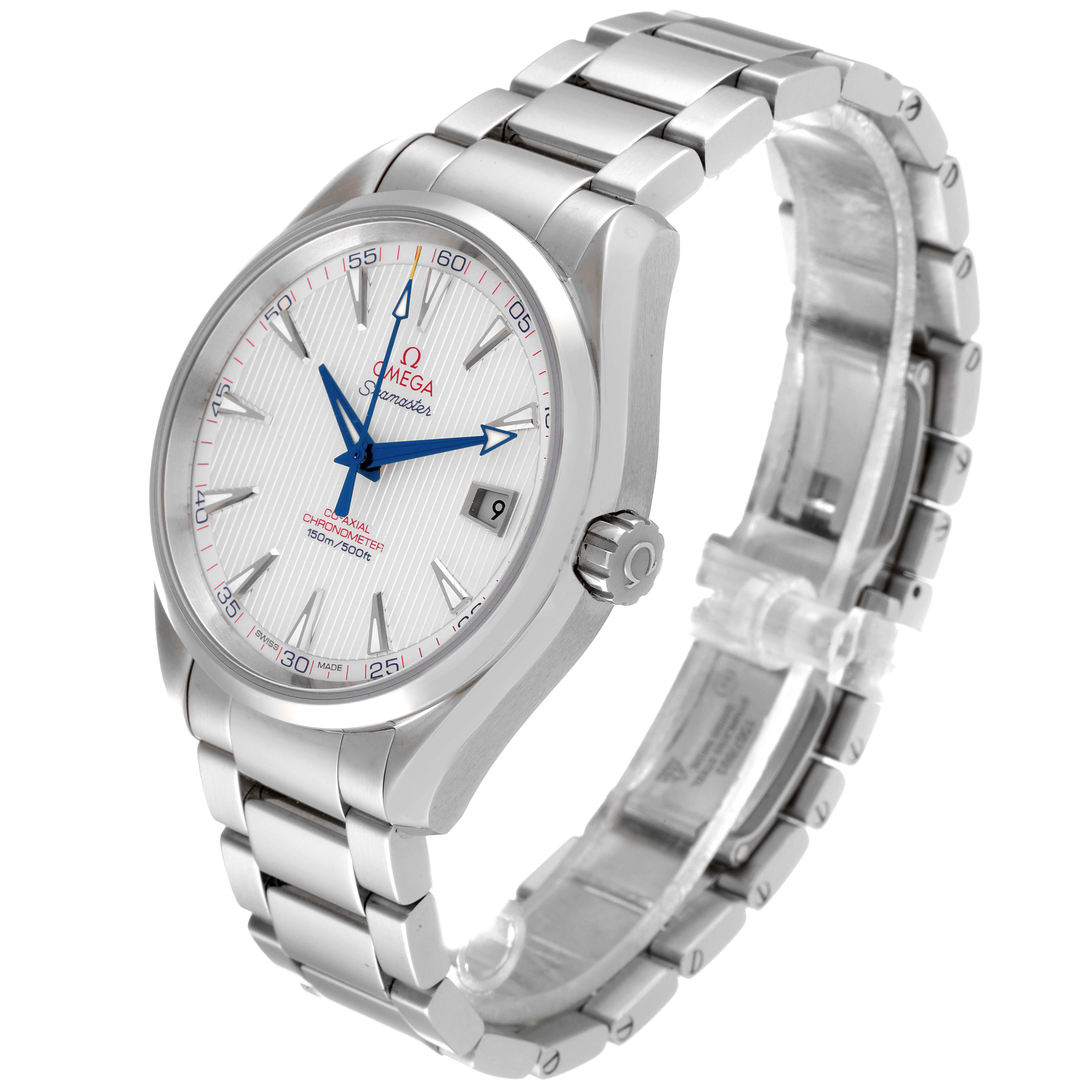 The Omega Aqua Terra 231.10.42.21.02.002 Men's Stainless Steel Silver Dial 231.10.42.21.02.002 Men's Stainless Steel Silver Dial model watch is shown at a slight angle, highlighting its face, bezel, crown, and stainless steel bracelet.