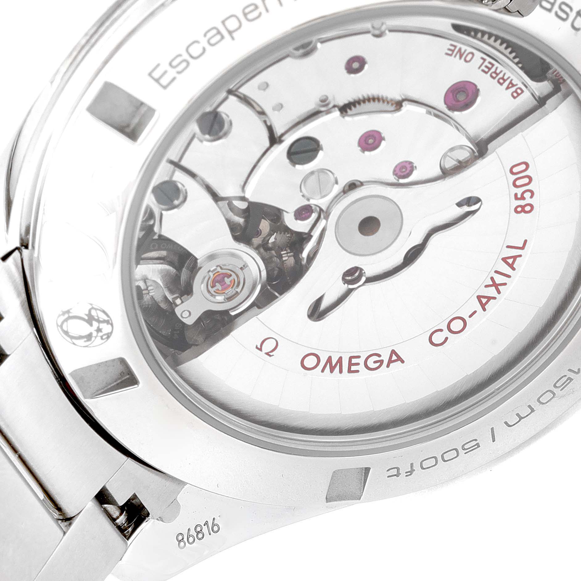 This image shows the back view of the Omega Aqua Terra 231.10.42.21.02.002 Men's Stainless Steel Silver Dial 231.10.42.21.02.002 Men's Stainless Steel Silver Dial watch, highlighting its inner mechanical parts and Co-Axial 8500 movement.