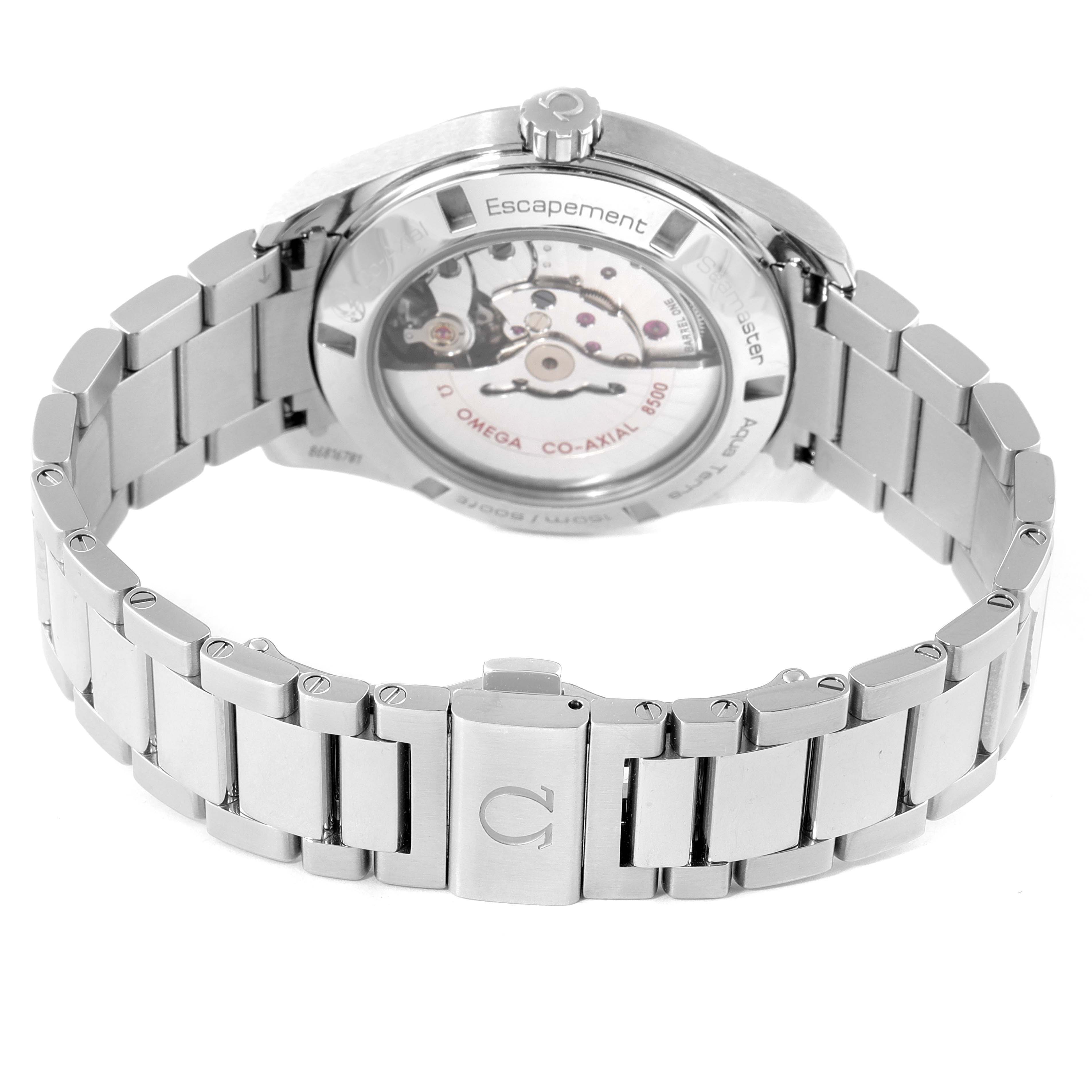 The image shows the back view of an Omega Aqua Terra 231.10.42.21.02.002 Men's Stainless Steel Silver Dial 231.10.42.21.02.002 Men's Stainless Steel Silver Dial watch, highlighting its movement and metal bracelet.