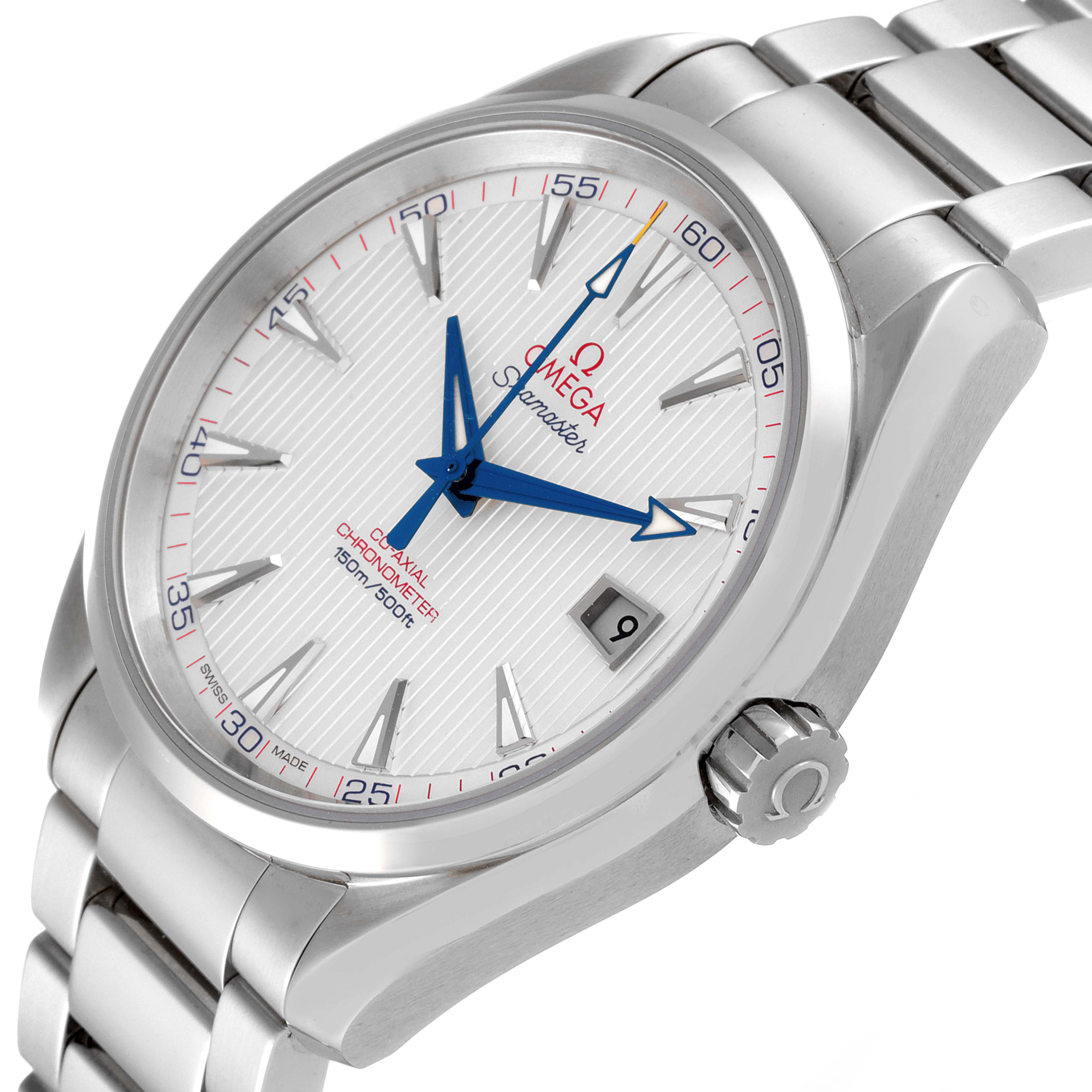 The Omega Aqua Terra 231.10.42.21.02.002 Men's Stainless Steel Silver Dial 231.10.42.21.02.002 Men's Stainless Steel Silver Dial watch is shown from an angled front view, highlighting the dial, hands, crown, date window, and part of the bracelet.